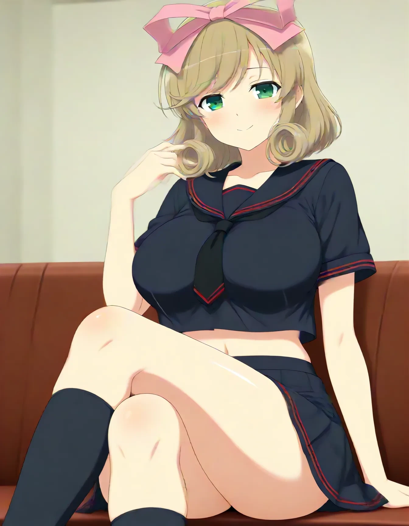 1girl,<lora:dmd2-lighting8step_cfg1.5:1>,official style,masterpiece,best quality,newest,very aesthetic,highly detailed,high resolution,absurdres,highres,depth of field,super detailed skin,very awa,Anime,anime coloring,anime screencap,<lora:SK Haruka_(Senran_Kagura)_V1:1>,haruka \(senran kagura\),solo,light brown hair,short hair,drill hair,hair ribbon,green eyes,large breasts,school uniform,black sailor collar,black tie,black serafuku,black shirt,black skirt,pleated skirt,crop top,short sleeves,black legwear,smile,embarrass,shy,blush,posing,sitting,crossed_legs,