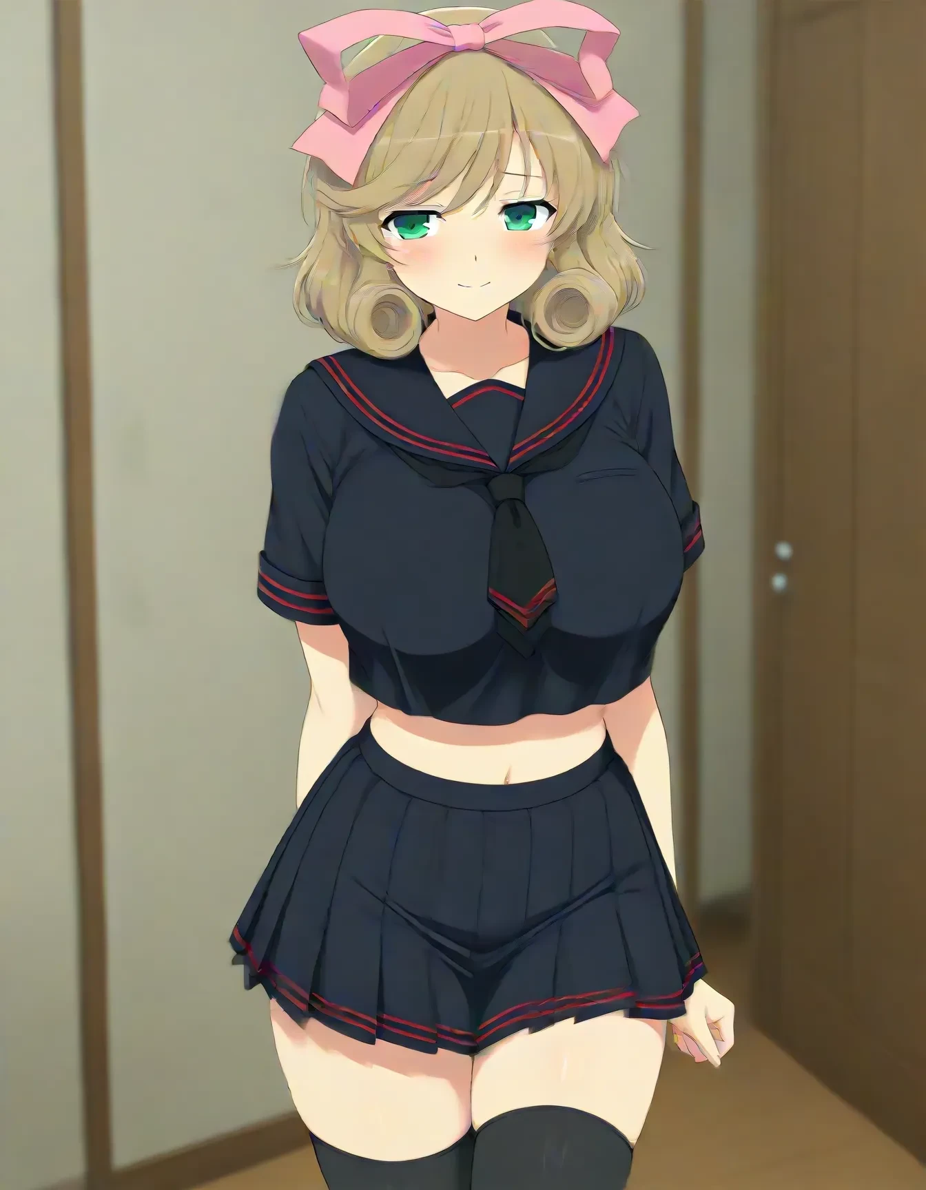 1girl,<lora:dmd2-lighting8step_cfg1.5:1>,official style,masterpiece,best quality,newest,very aesthetic,highly detailed,high resolution,absurdres,highres,depth of field,super detailed skin,very awa,Anime,anime coloring,anime screencap,<lora:SK Haruka_(Senran_Kagura)_V1:1>,haruka \(senran kagura\),solo,light brown hair,short hair,drill hair,hair ribbon,green eyes,large breasts,school uniform,black sailor collar,black tie,black serafuku,black shirt,black skirt,pleated skirt,crop top,short sleeves,black legwear,smile,embarrass,shy,blush,posing,