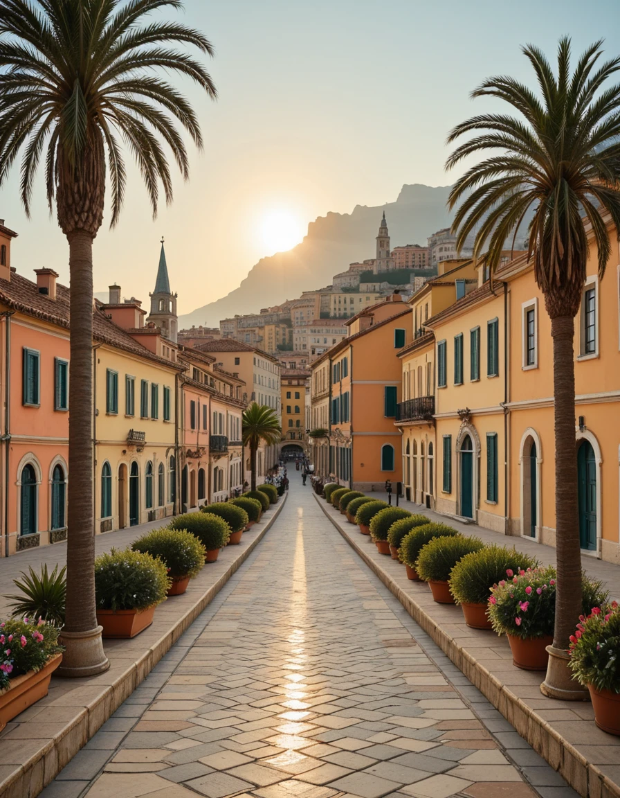A breathtaking photograph of the coastal city of Menton, France, taken during golden hour. The colorful buildings of the old town cascade down the hillside, painted in warm pastel tones of yellow, orange, and pink. In the foreground, tall palm trees sway gently in the breeze along the Mediterranean promenade. The deep blue sea glistens under the setting sun, and the distant Alps rise in the background, partially shrouded in mist. A peaceful, sunlit atmosphere with no people present, captured in ultra-high detail, HDR, and soft cinematic lighting, evoking the charm and elegance of the French Riviera.M3nt0n, <lora:M3nt0n-i:1>, Masterpiece,best quality,hi res,8k,hi res,8k,award winning,(sharp focus, intricate, highly detailed),