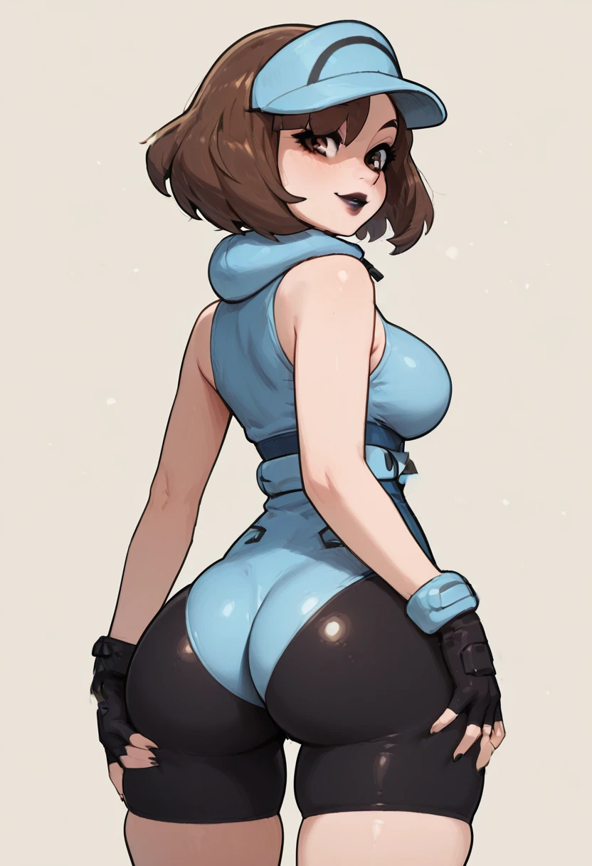 girl in spandex booty shorts, wearing oven mittens tucked in pockets, blindfold

