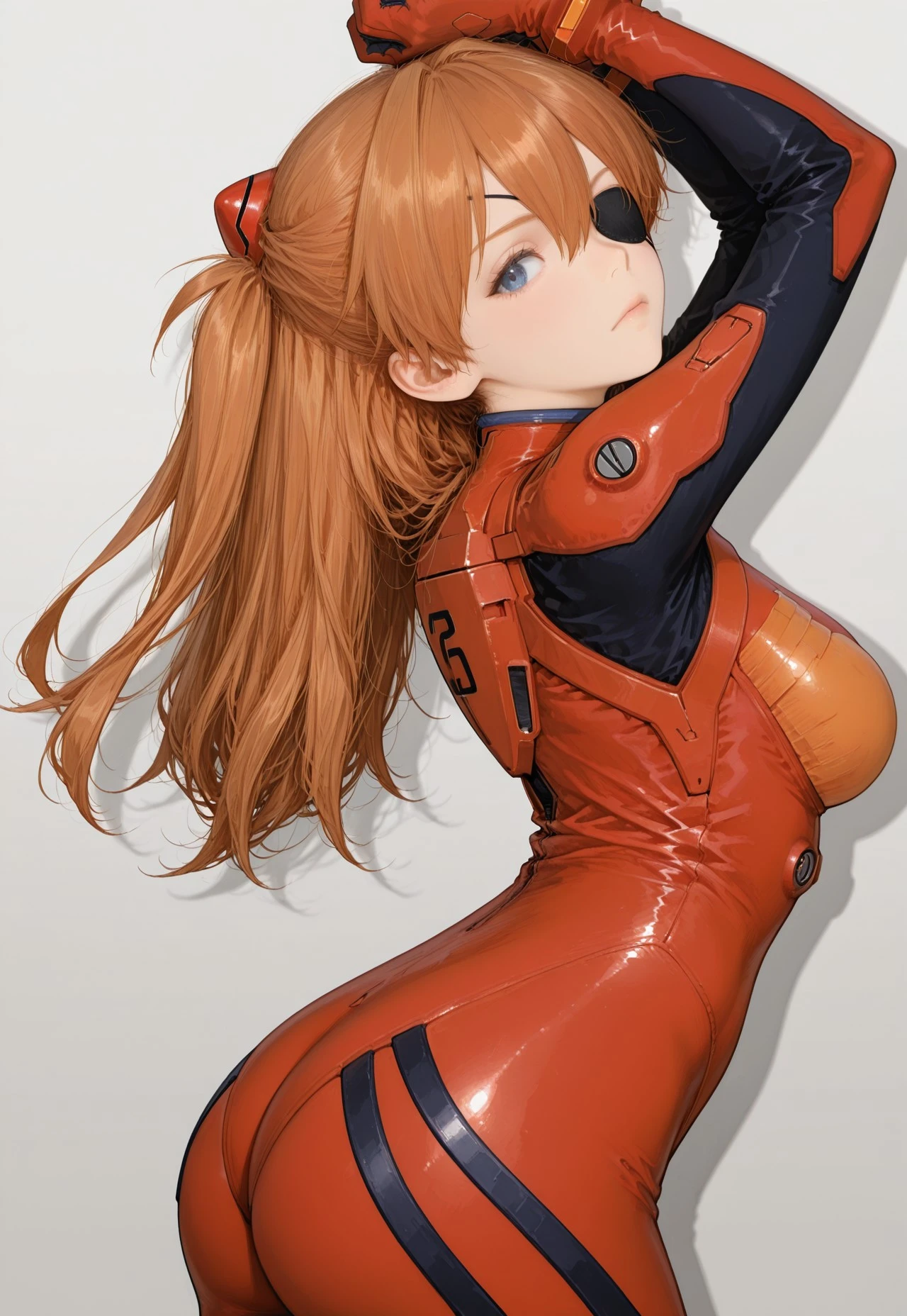 masterpiece, detailed quality, 1girl,  black background, score_9, source_anime, score_8_up, score_7_up, x3dce, 3d, looking at viewer, <lora:X3dCE_PDXL:.8> souryuu_asuka_langley , red bodysuit, skin tight, from side, head tilt back