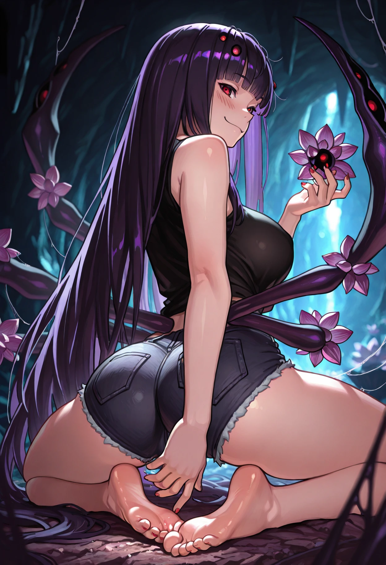 score_9, score_8_up, score_7_up, source_anime, wrnchqupgr, high quality, masterpiece, (1girl), from side, solo, , , black dress, cowgirl position, leg grab, black hair, multicolored hair, green hair, human-onahole, torso grab, vaginal, gigantic penis, stomach bulge, deep penetration, empty eyes, outdoors, night, stars