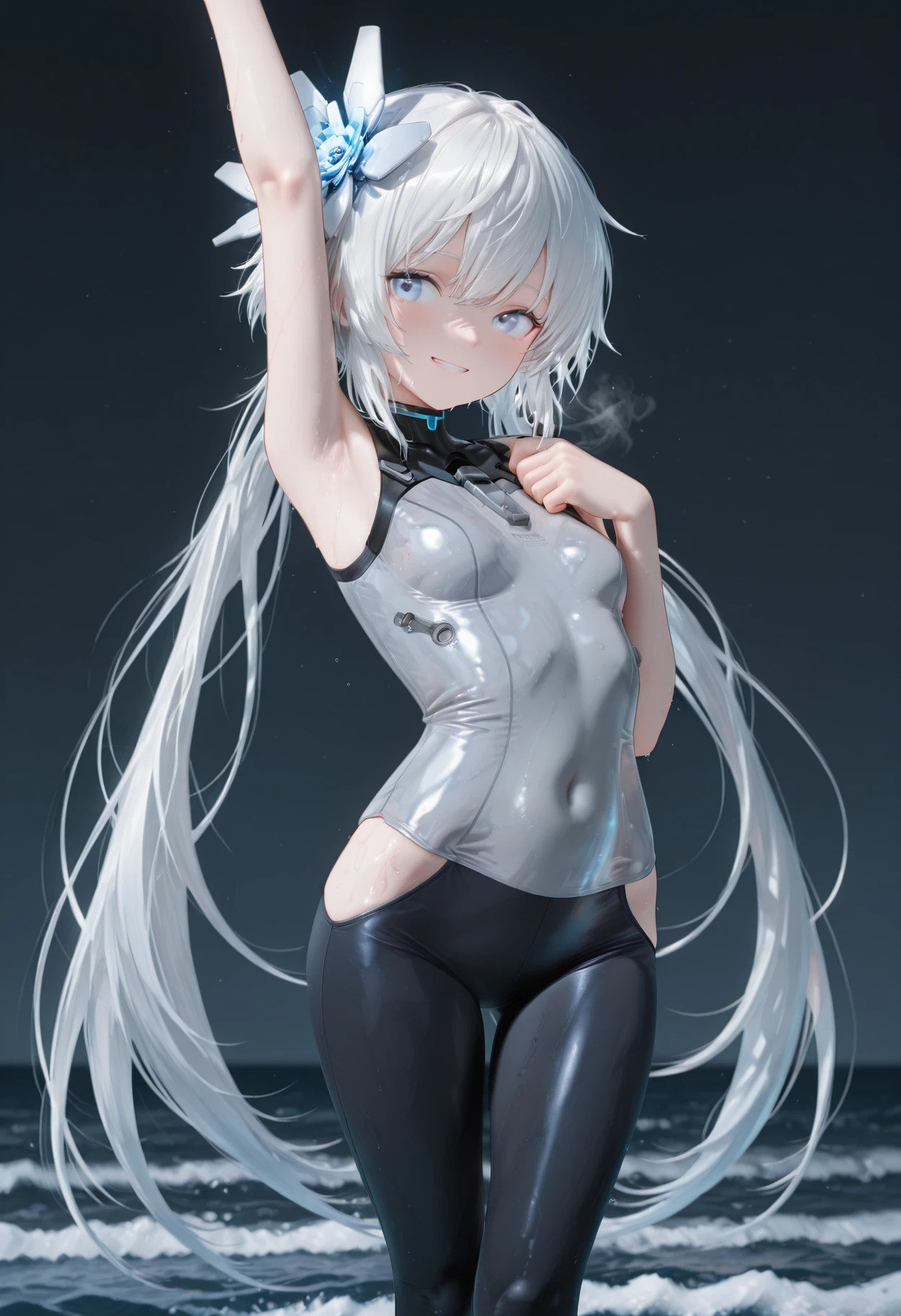 woman,14 years old,,city,night,(((white and blue tight miniskirt bodysuit))),,open mouth smile((See-through))glasses,((beautiful long ponytail)),((Baby girl body shape))