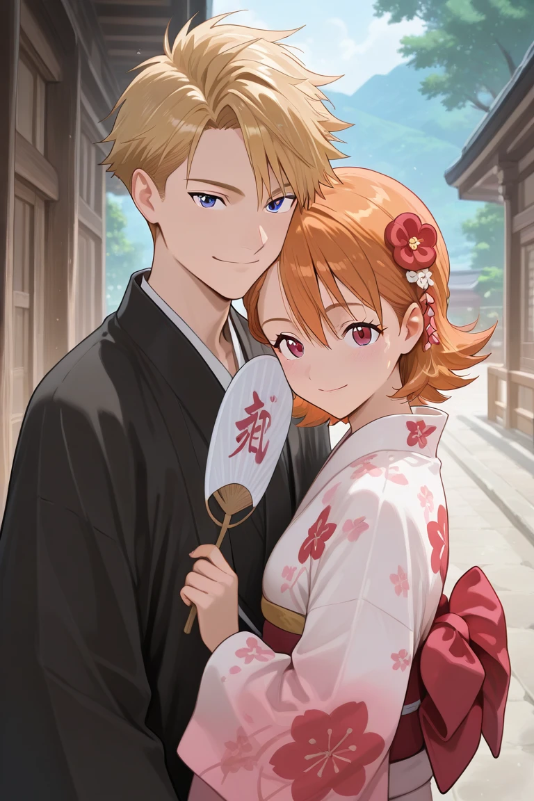 Man, spiky silver hair, gray kimono, black obi, white cat yokai mask, pink kimono with cherry blossom pattern, red obi, fireflies are sparkling around