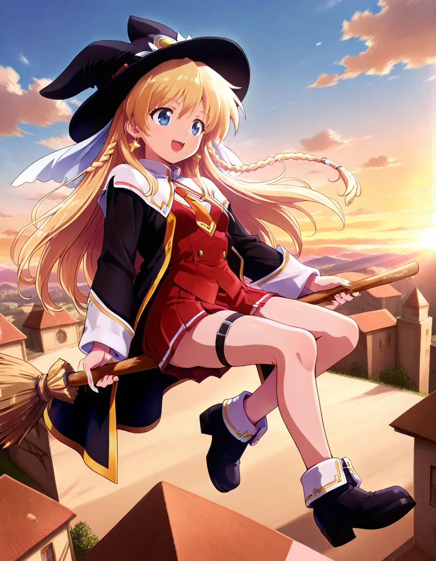 <lora:witchP123_SDXL_pony_fp16_v13:1>,witchP123,long hair,blonde hair,blunt bangs,blue eyes,blue hat,blue dress, blue boots, red sash,long sleeve, grin,cheek-to-cheek , <lora:Broom_Riding_PONY_XL:0.6>,broom riding,broomriding ,night sky, moon, blurry,, score_9, score_8_up, score_7_up, BREAK source_anime, rating_questionable, best quality, masterpiece, uncensored,[pony diffusion V6 is trained by PurpleSmartAI:100]