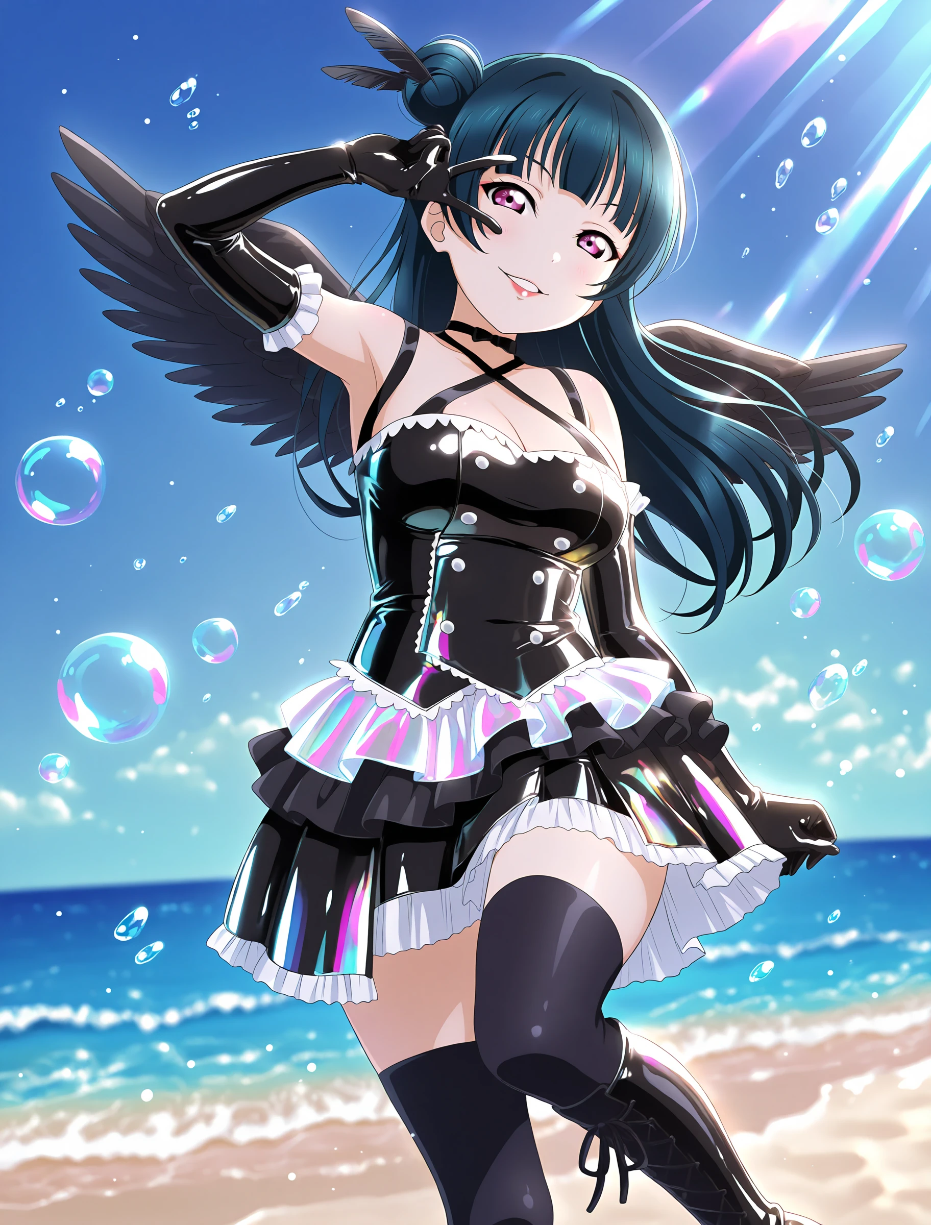 <lora:Koto-Umi-Riko-Shizu-Setsu-LLAS-IllustriousXLV01-V1:0.5> <lora:Koto-Umi-Riko-Shizu-Setsu-LLAS-NoobAIXLV11-V1:0.5> <lora:sdxl-boldline:-0.8> <lora:il_saturation_slider_d1:-0.3>
<lora:Shiny-Clothes-IllustriousXLV01-V1:0.8> <lora:Datenshi-Yohane-Dress-IllustriousXLV01-V2:0.7>
(llas:1.4), (masterpiece, very aesthetic, absurdres, very awa:1.2), best quality, highres, newest, perfect anatomy, perfect lighting, anime coloring, anime screenshot BREAK
(sparkle, light particles:0.3), light rays, (depth of field, blurry background:1.4) BREAK
1girl, solo, looking at viewer, cowboy shot BREAK
tsushima yoshiko, single hair bun, feather hair ornament, black feathers BREAK
big pupils, (detailed eyes:1.2), huge breasts, lips, seductive smile, parted lips, red lips, red eyeshadow BREAK
(shiny clothes:0.6), (glowing clothes, reflective clothes, holographic clothing, iridescent:1.3), latex BREAK
datenshiyohane dress, halterneck, layered skirt, choker, elbow gloves, thighhighs, cross-laced knee boots, black wings, (black dress:0.8), white buttons, cleavage BREAK
v, v over eye, arm up, ocean, beach, white sand, (water drop, bubble:1.2), (blue sky, sky:1.2), (blue background)
