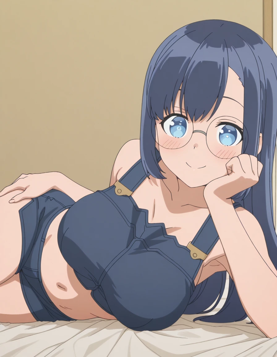 1 girl, alone, sanshokuin sumireko, masterpiece, best quality, black hair, blue eyes, very long hair, low braids, glasses, black lingerie, black lace bra, black lace thong, serafuku, large breasts, medium hips, wide thighs, big breasts, medium waist, wide hips, medium sized thighs, round ass, from behind, atmospheric perspective, depth of field, looking at viewer, beautiful detailed eyes, anime eyes: 1.4, (portrait), sexy pose, dynamic angle, (interior, night, darkness, room, bedroom), (sitting on bed,:1.5, legs open, looking at viewer, point of view (from below) embarrassed, seductive, perfect hands, perfect ???????,