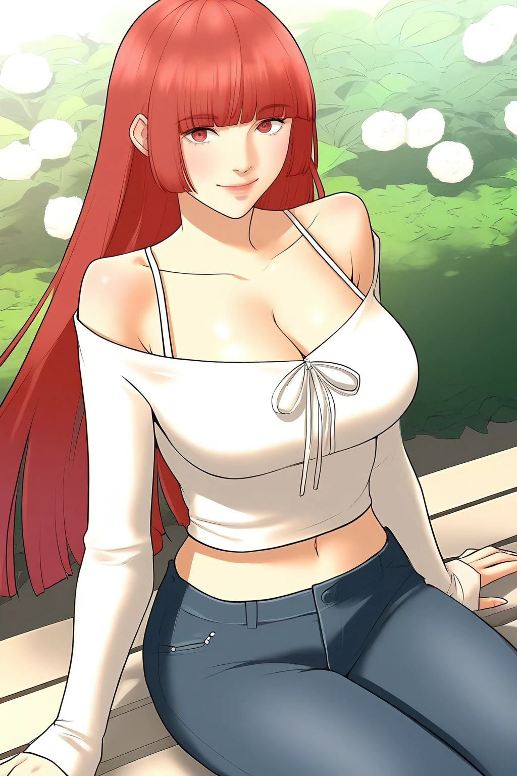 Highres,Masterpiece,Ultra-Detailed,Hyper-Detailed,Beautiful Detailed Face,Bishoujo,1Girl,Solo,Long Wavy Pink Hair,Red Cowboy Vest,Large Breasts,Bare Midriff,Suspenders,White Pants,Famipornav<lora:FamiPornAV:1>
