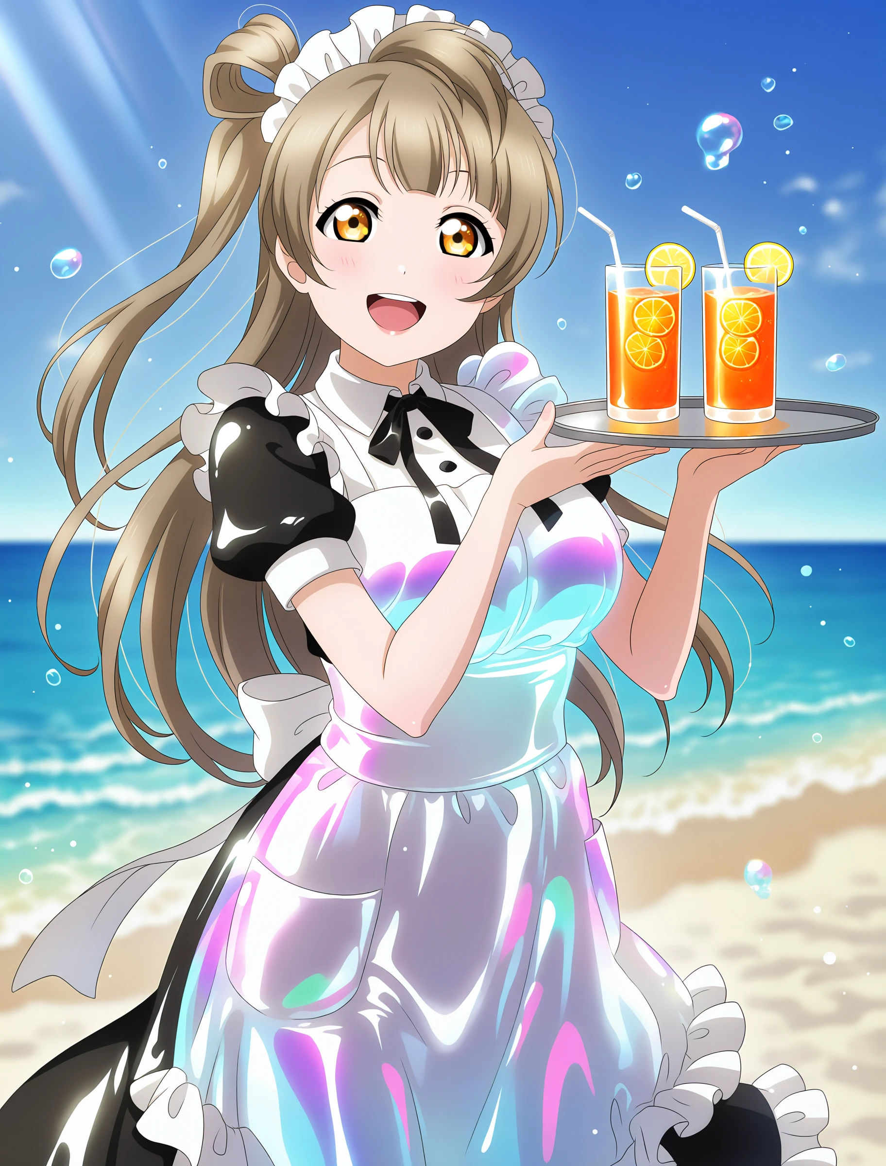 <lora:Koto-Umi-Riko-Shizu-Setsu-LLAS-IllustriousXLV01-V1:0.5> <lora:Koto-Umi-Riko-Shizu-Setsu-LLAS-NoobAIXLV11-V1:0.5> <lora:sdxl-boldline:-0.8> <lora:il_saturation_slider_d1:-0.3>
<lora:Shiny-Clothes-IllustriousXLV01-V1:0.8>
(llas:1.4), (masterpiece, very aesthetic, absurdres, very awa:1.2), best quality, highres, newest, perfect anatomy, perfect lighting, anime coloring, anime screenshot BREAK
(sparkle, light particles:0.8), light rays, (depth of field, blurry background:1.4) BREAK
1girl, solo, looking at viewer, cowboy shot BREAK
minami kotori, maid headdress BREAK
big pupils, (detailed eyes:1.2), (huge breasts:1.2), lips, :d, upper teeth only BREAK
(shiny clothes:1.2), (glowing clothes, reflective clothes, holographic clothing, iridescent:1.2), latex BREAK
(minalinsky, chunchun maid:1.2), short sleeves, long skirt, white sash, back bow, black sleeves BREAK
holding tray, orange juice on tray, ocean, beach, white sand, (water drop, bubble:1.2), (blue sky, sky:1.2), (blue background)