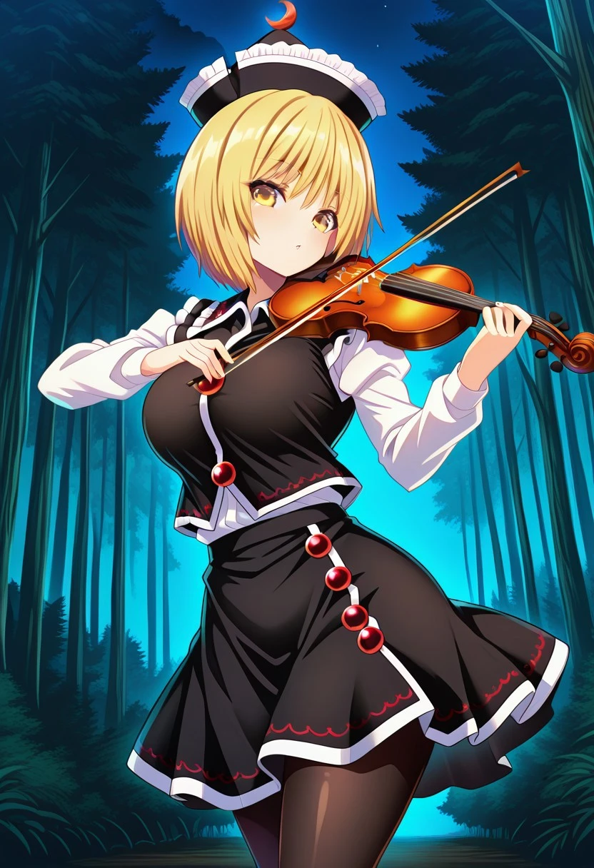 hijikawa style, ((outdoors)), ((forest)), (night), looking at viewer, ((large breasts)), (standing), (playing), calm gaze, lunasa prismriver, 1girl, solo, ((yellow eyes)), blonde hair, short hair, black hat, black vest, white shirt, long sleeves, black skirt, ((black pantyhose)), bow (music), violin