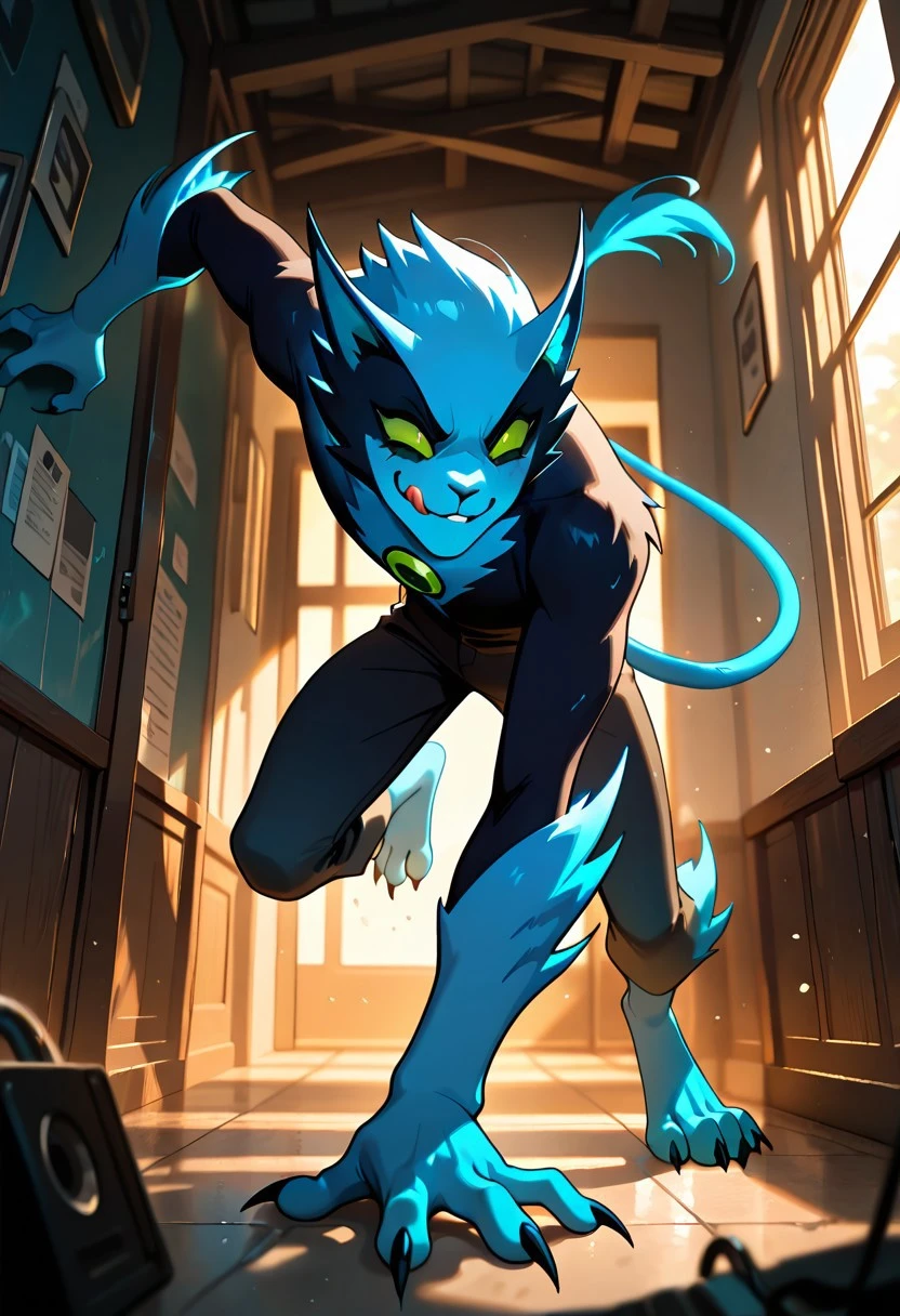 fastrack, solo, blue skin, green eyes, 1boy, claws, green badge, fang, feline tail, wide jaw, , blue , body fur, , black arms, blue hands, blue forearm,
inside yellow house, holding brown mouse, smile, tongue out, licking lips,
,((masterpiece, best quality, amazing quality, very aesthetic, absurdres, newest, cinematic,)),