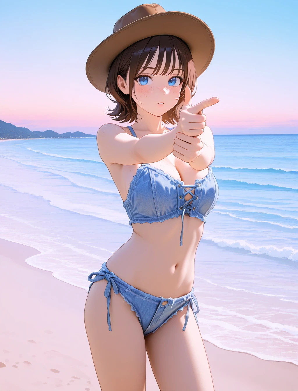 "A relaxed young woman smile abd enjoys a sunny beach setting,seated on a blue bench with a drink in hand. She's dressed in a blue bikini top and loose-fitting jeans with an undone belt,conveying a laid-back vibe. A baseball cap with the letter 'C' adorns her head,savoring the warmth of the sun and the gentle breeze. The surrounding scene is lively with other visitors and beach umbrellas,capturing the essence of a leisurely day by the sea.",big breast,