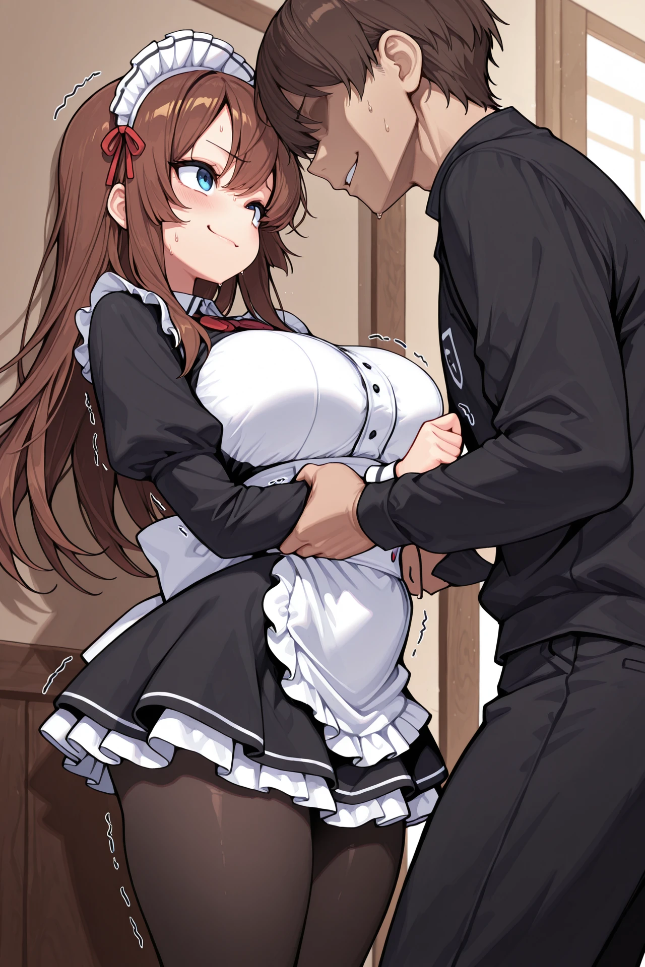1girl,1boy,(girl pinned to the wall), girl against wall, girl face pushed against wall, ((side view)), hand pushing against wall,standing sex,breast grabbing, ((breast grab)), sex from behind, medium breasts, face to face, doggystyle, (maid outfit), kitchen, tiled wall, food, lens flare, lens blur, fisheye,