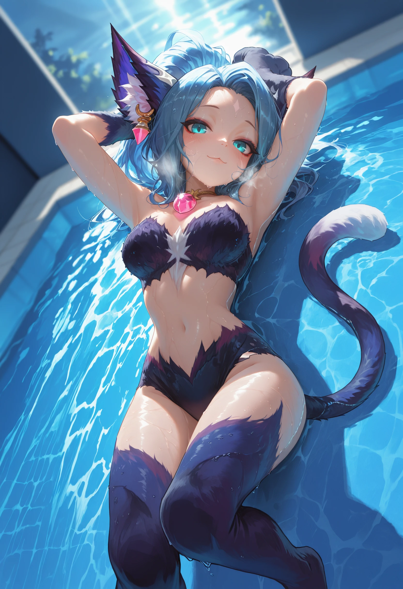 (Best quality, 8k, 32k, Masterpiece, UHD,:1.2),RAW, 1girl,ultra cute , natural lighting,transparent shining eyes, 20yo ,fair complexion, long hair, french braid, flushed face,femur, blue hair, cat ear, long hair, half updo, ((blue bra and panties:1.3)), ((all fours)), From Below, medium breast, Emphasizing the Cleavage, cool, sexy, lace trim, lace Details, nude, naked, shiny, wedgie, heart mark, ((cat tail)), Closeup shot, in water