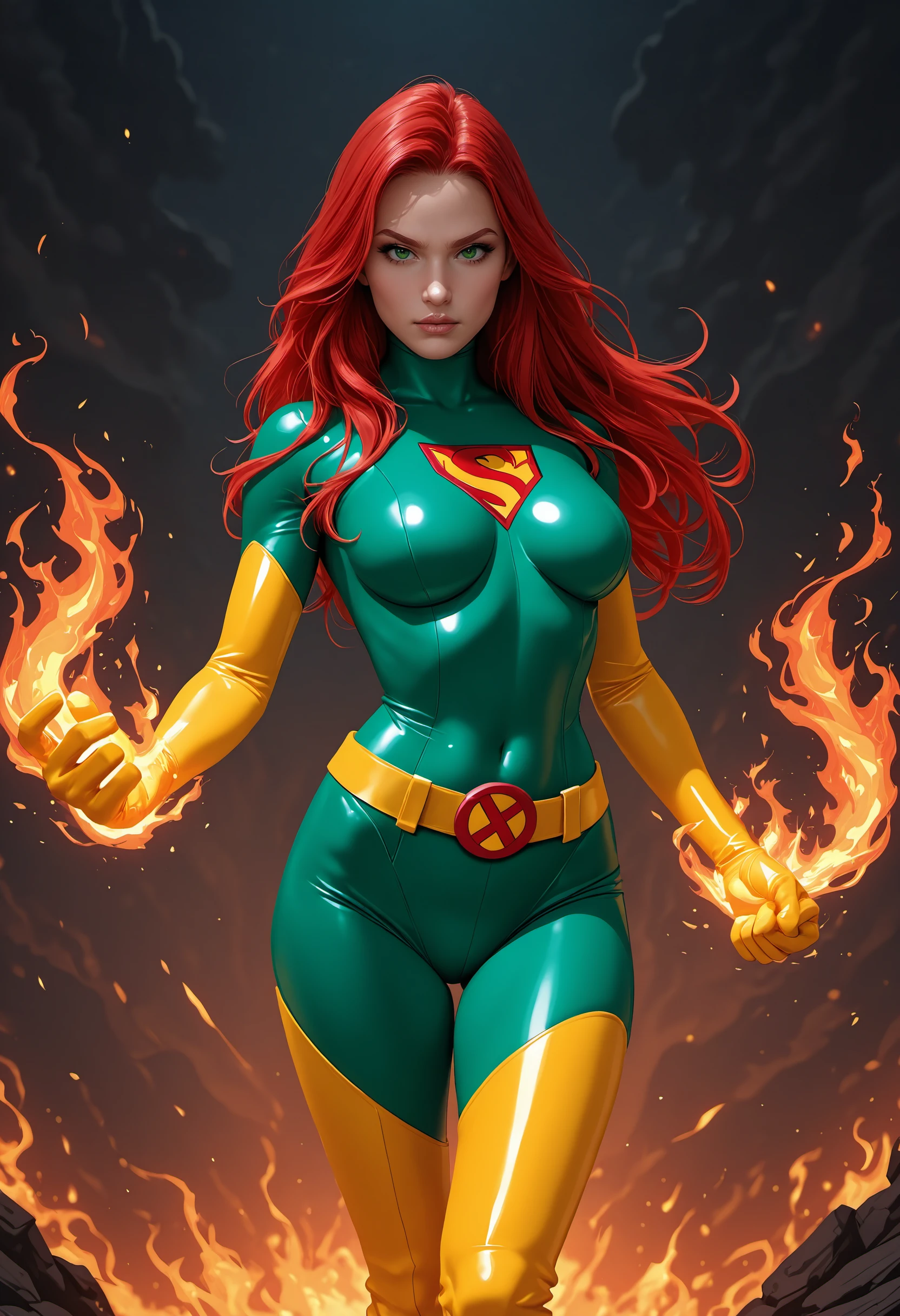(ultra realistic,32k, masterpiece:1.2),(high detailed skin:1.1),( high quality:1.1),
<lora:jean_grey:0.7>(happy:1.1),(eyeliner,long lashes, mascara:1.1),jean-grey,green eyes,red hair, long hair,(shiny glossy clothing:1.1), green bodysuit, fiery fire neural network corporation, brain-computer interface research, mind-controlled technology, cognitive advancements (blurry background:1.1),,(looking at viewer, squatting:1.1),, (huge breast,large breast:1.1),<lora:add_detail:0.79>,
(glowwave:1.1),
