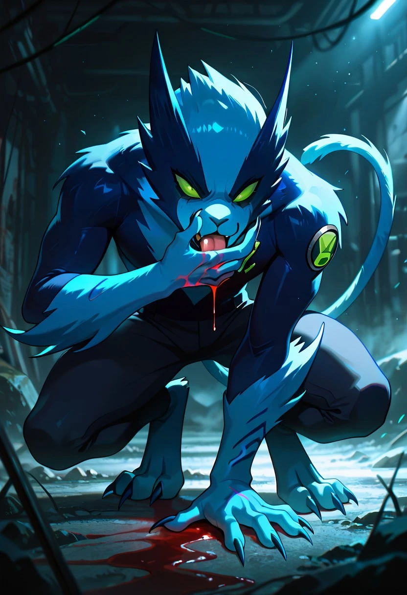 fastrack, solo, blue skin, green eyes, 1boy, claws, green badge, fang, feline tail, wide jaw, , blue , body fur, , black arms, blue hands, blue forearm,
licking hand, crouching, covered in blood
,((masterpiece, best quality, amazing quality, very aesthetic, absurdres, newest, cinematic,)),