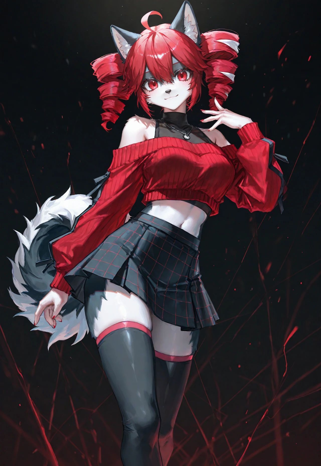 artist:ningen mame:0.6, artist:iuui:0.5, artist:quasarcake:0.6, very eyecatching, album cover, graphite \(medium\),
1girl, solo, red sweater, bare shoulders, midriff, checkered skirt, black skirt, black thighhighs, alternate costume, furry female, anthro, Siberian Husky, dog ears, kasane teto, dog tail, looking at viewer, closed mouth, light smile, dynamic pose, hand up, dark background, dramatic illumination, feet out of frame,
very awa, masterpiece, best quality, very aesthetic, absurdres, 4k, stylized, newest, digital art, cinematic look,