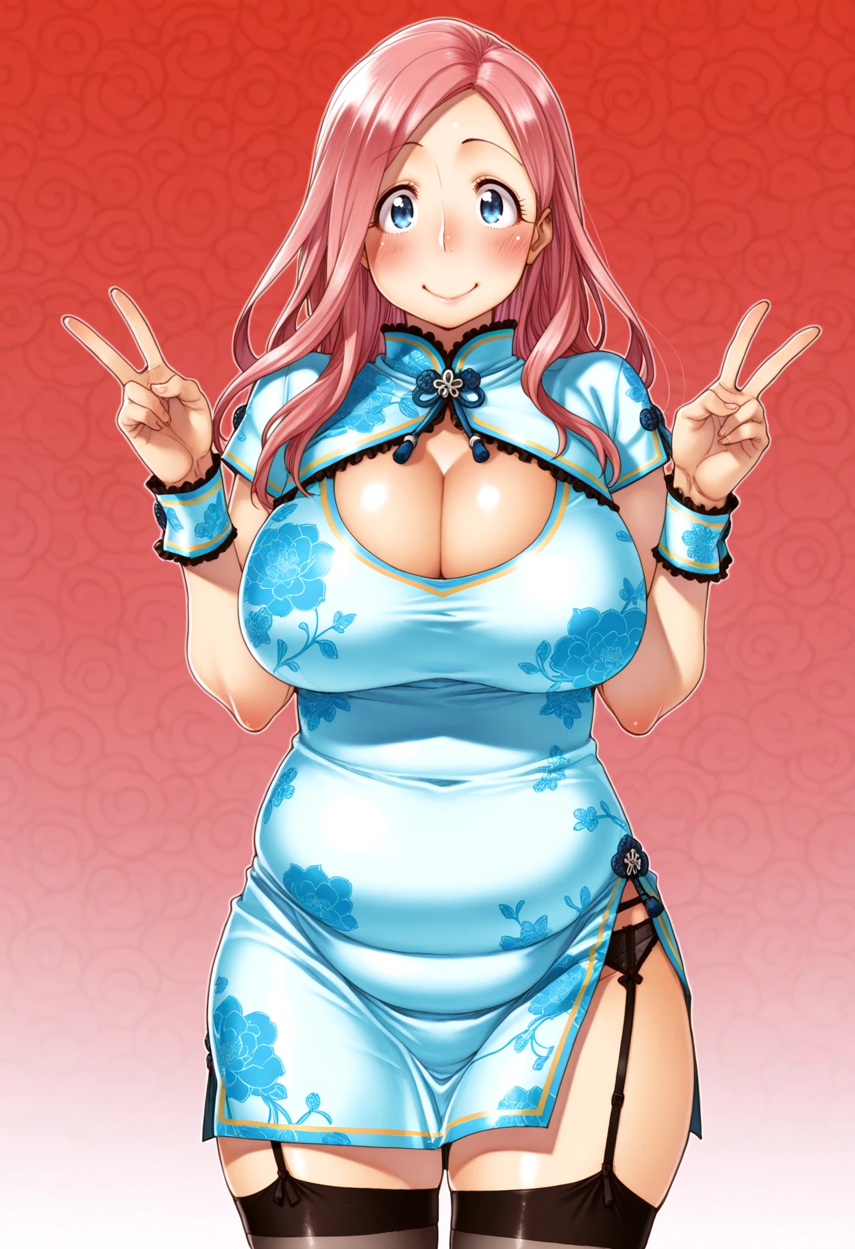 best quality, masterpiece, detailed, 1girl, huge breasts, pink hair, blue eyes, qipao, Chinese new year, nsfw, breasts shown, pussy shown,