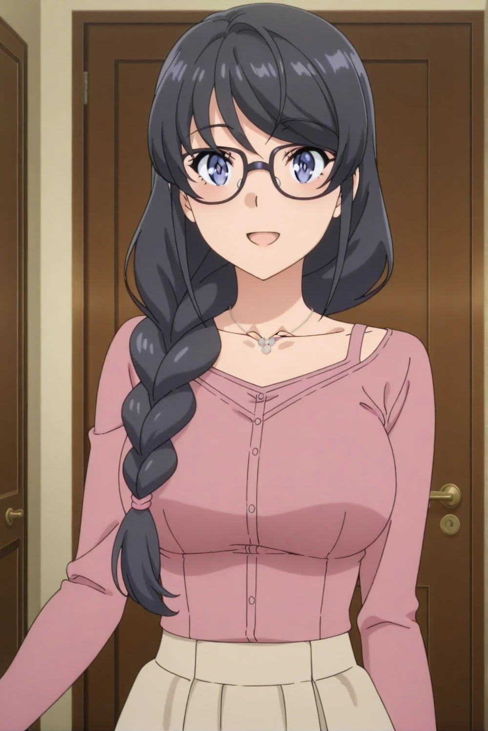 <lora:Mai_Sakurajimas2:1>, maisakurajimatest1, woman, 1girl, long hair, braid, single braid, looking at viewer, :d, jewelry, collarbone, indoors, necklace, portrait, pink shirt, long skirt, door,  anime screencap, waist, hip, masterpiece, glasses, ,
