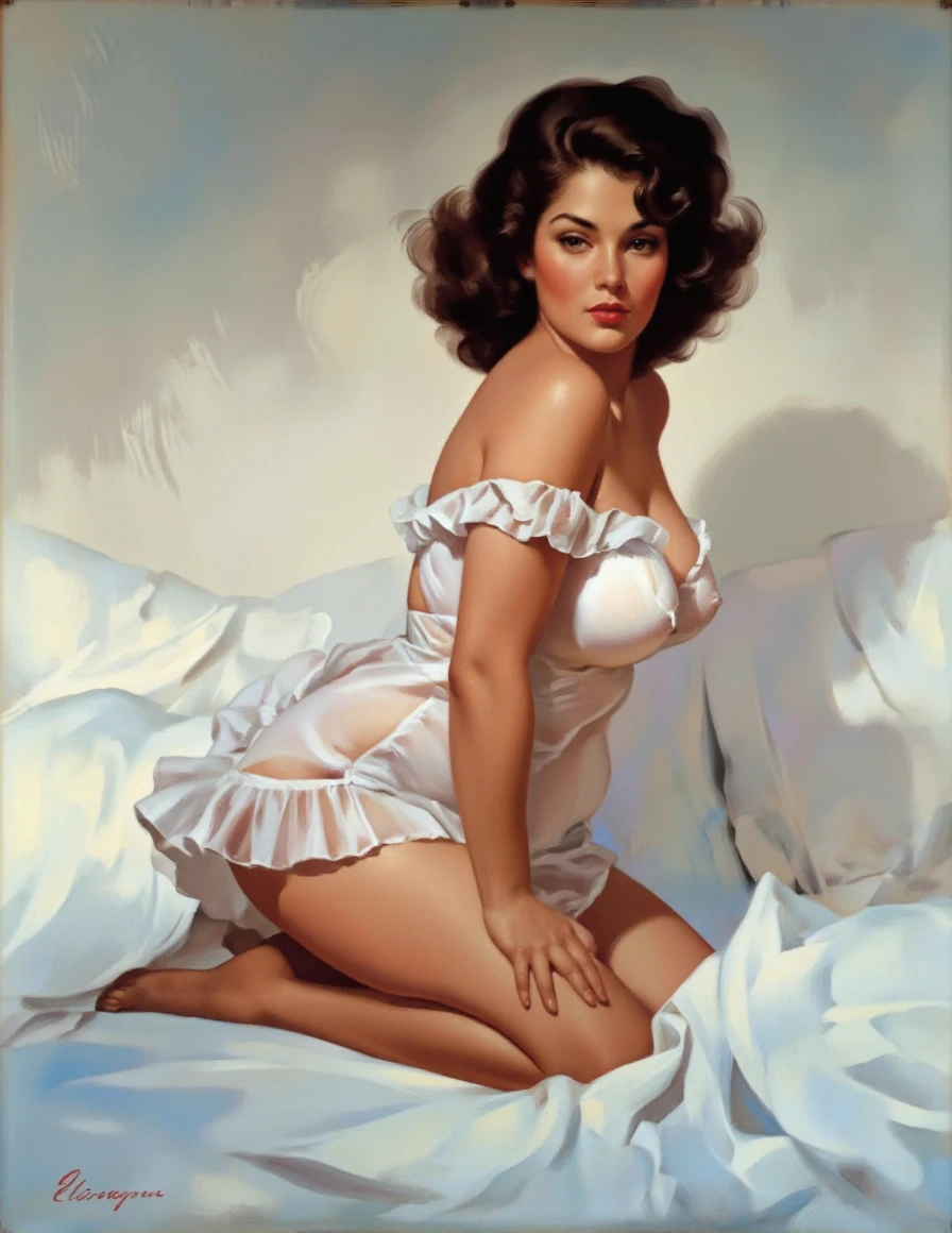 Painting of a woman in lingerie lying on a bed of roses, pinup art, Gill Elvgren, Gill Elvgren style, vintage pinup, Tom Lovell, Artgerm and Gill Elvgren, inspired by Howard Chandler Christie, Frank Franzetta, pinup girl, Art Fram, pinup, Glenn Fabry