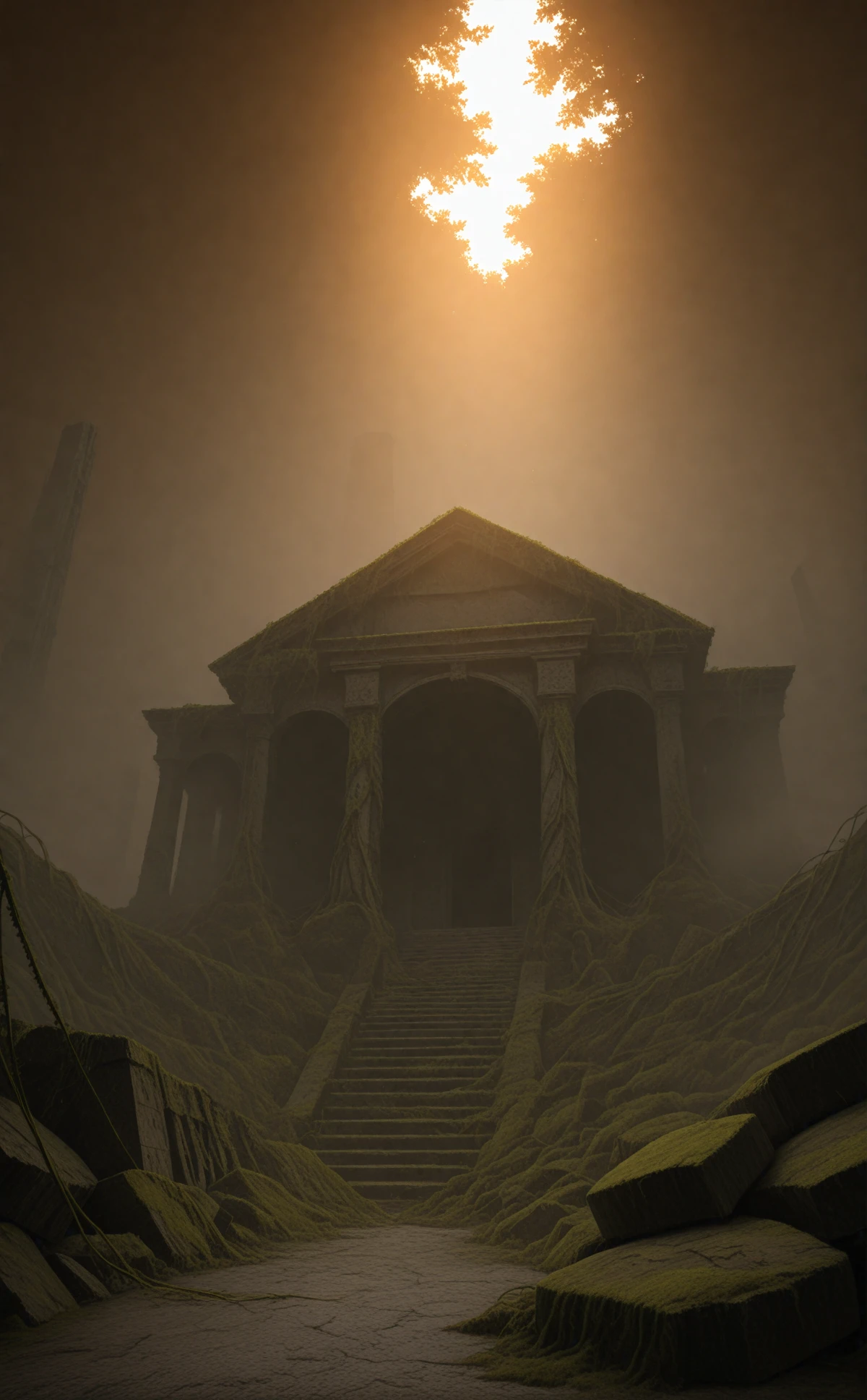 masterpiece, photorealistic, realism, stunning landscape, abandoned temple, overgrown with vines, golden hour lighting, ancient ruins, detailed textures, moss-covered stones, atmospheric fog.