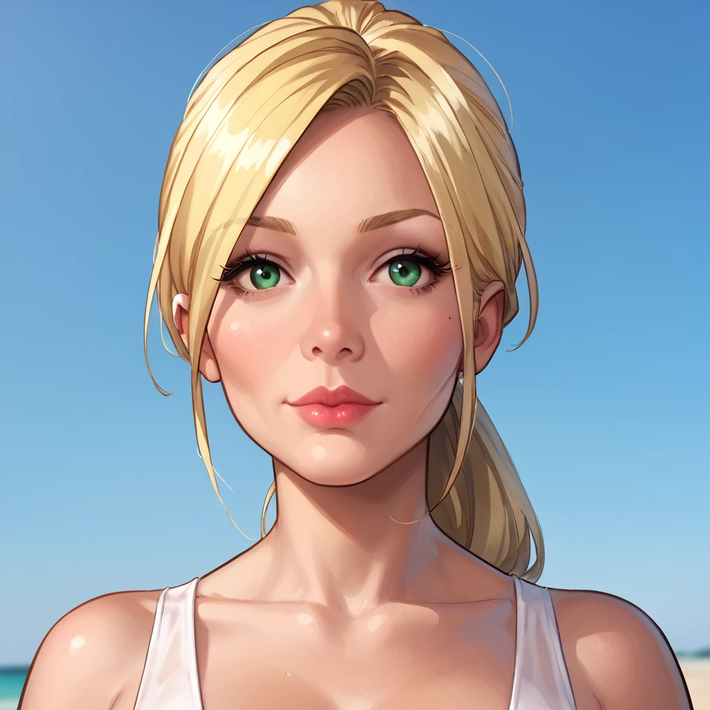 Flat colors, close up, portrait of a 25 year old surfer looking girl, tan skin, beach blonde salty hair, natural beaty, beautiful, casual, Cleavage, ((([simply grey background])) 