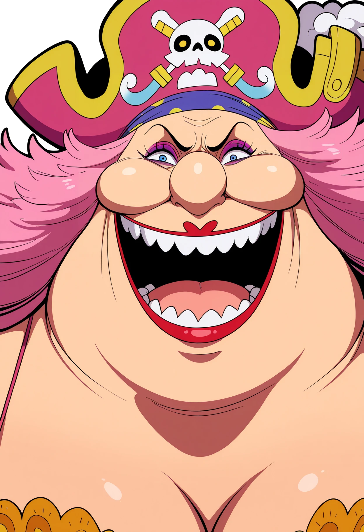best quality, amazing quality, very aesthetic, absurdres,
1girl, bigmom, pink hair, makeup, long hair,
lipstick, fat,
pirate hat,
smile, open mouth, teeth,
closeup,
solo,
looking at viewer, simple background, white background, <lora:BigMomNoobXL_byKonan:1>