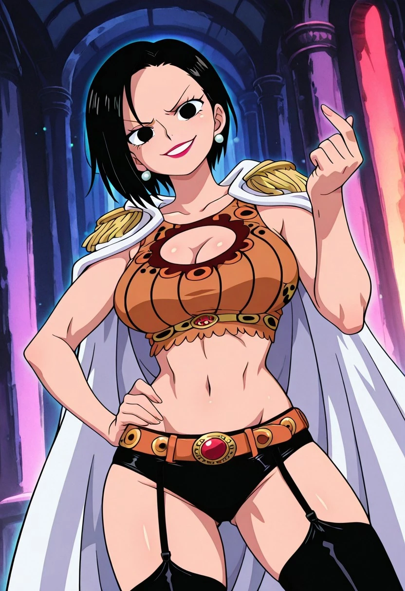 RanOP, 1girl, solo, black hair, short hair, parted on one side hair, black eyes, lips, lipstick, pearl earrings, white cape, epaulettes, large breast, cleavage cutout, navel, midriff, groin, collarbone, thick thighs, brown printed crop top, black briefs, long black stockings, straps on stockings, belt, belt ornament, jewelry, boots,
masterpiece, best quality, fine details, intricate details, depth of field, subsurface scattering, bokeh, ultra-detailed, very aesthetic, detailed background, newest, scenery, highres, absurdres, colorful, vibrant, glowing, perfect face, 2d, perfect eyes, vibrant saturated colors, volumetric lighting, sharp, detailed eyes, perfect anatomy, perfect face, perfect eyes, mature body, clear eyes, beautiful eyes, athletic, curvy body, athletic girl, perky tits, perfect tits, round breasts, pinup pose, teasing, lustful expression, perfect hands,
muscular female, dutch angle, dynamic pose,
upper body, standing, contrapposto, hand on hip, beckoning, come hither, hand up, head tilt, chin up, taunting, glowing eyes, facing viewer, looking at viewer, glaring at viewer, arrogant, devilish, evil grin ,
,Smooth Negative, Smooth_Quality,
dark_fantasy_style, dark fantasy, retro,