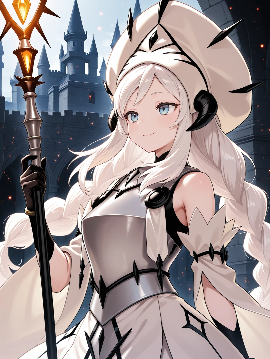 white relic of dogmatika, 1girl, blue eyes, solo, black gloves, staff, castle, white mitre, smile, white waist cape, holding staff, white detached sleeves, black horns, upper body, twin braids, white breastplate, white pelvic curtain,
masterpiece,best quality,amazing quality,very aesthetic,absurdres,newest,scenery,extreme detail,8k,light particles,soft lighting,volumetric lighting,intricate details,finely detailed,<lora:White Relic of Dogmatika illusXL v1:0.75>,