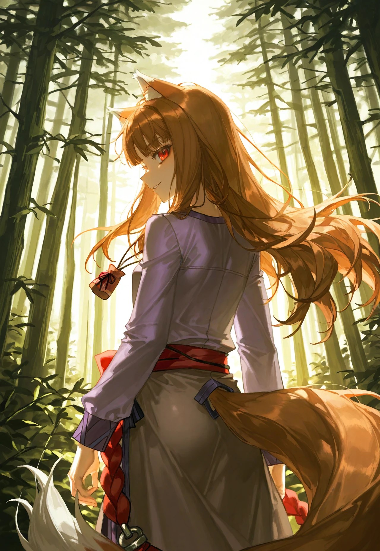 artist:quasarcake:0.65, artist:tianliang duohe fangdongye, portrait, very eyecatching, (very awa, very aesthetic, masterpiece, best quality, highres, absurdes,) mature female:0.6,
1girl, solo, from behind, (holo, spice and wolf,) brown hair, standing, wolf ears, wolf tail, dynamic pose:0.25, from side:0.2, forest, nature, high contrast,