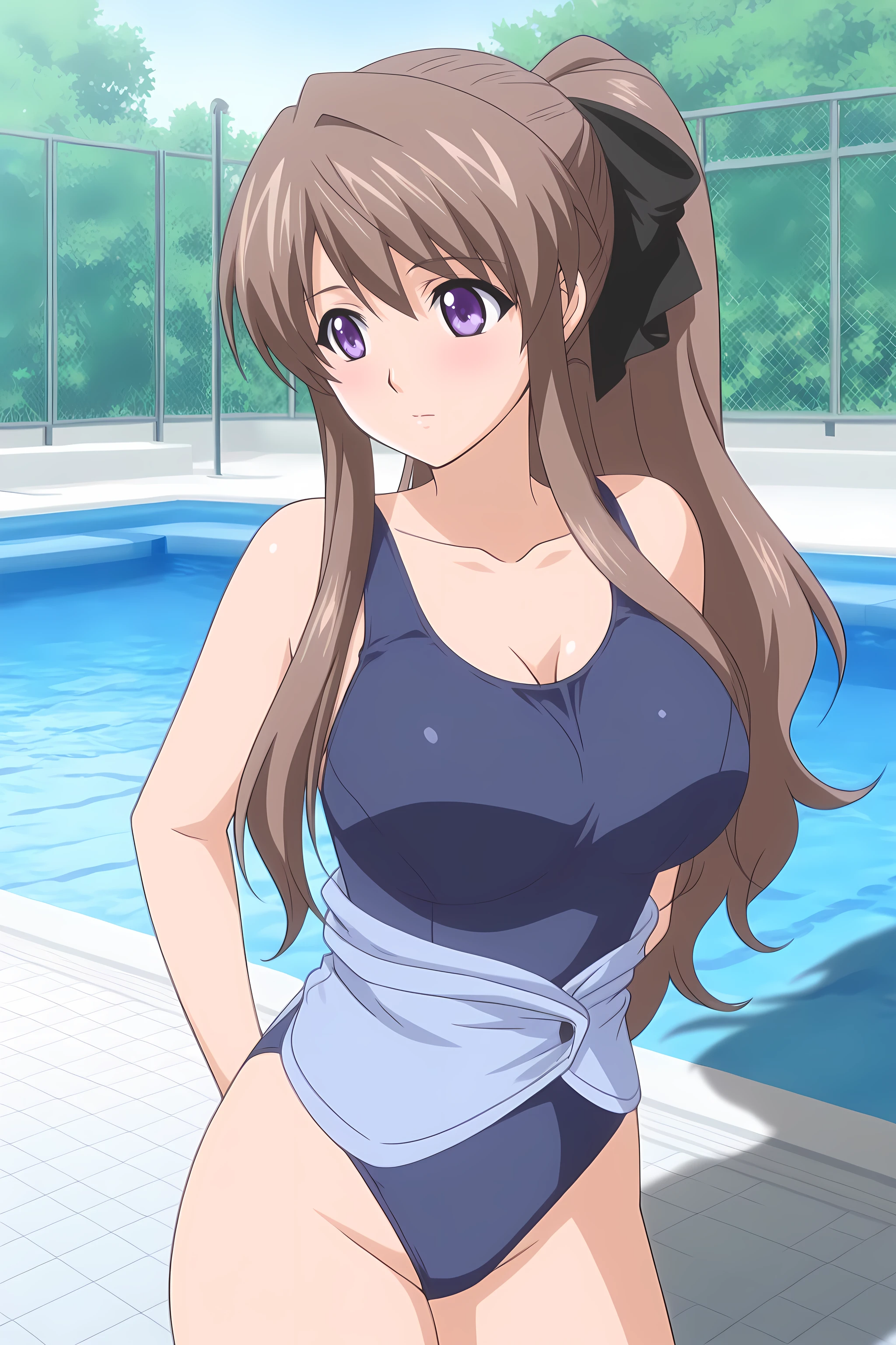 Shiny swimsuit,onepiece swimsuit,School Swimsuit,old School Swimsuit,blue onepiece swimsuit,Blue eyes,Brown hair, Long hair,Glasses,(Large breasts:1.5),Looking at Viewer,Standing,(((masutepiece))),((Best Quality)),Perfect Anatomy,8K UHD,extra detailed face,gloss and shiny,((1girl in)),((Solo)),(Beautiful detailed eyes:1.5),image perfect,(Upper body:1.1),(Look at the front:1.1),arms behind back,Slim waist,(lightsmile:1.1),Shiny hair,Indoor pool,