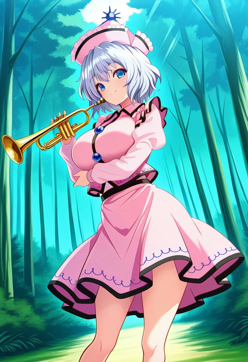 hijikawa style, ((outdoors)), ((forest)), (day time), looking at viewer, ((large breasts)), (standing), (posing), smile, merlin prismriver, 1girl, solo, ((blue eyes)), grey hair, short hair, frilled hat, pink hat, sun hat ornament, pink vest, pink skirt, pink sleeves, long sleeves, juliet sleeves, holding trumpet, ((legs))