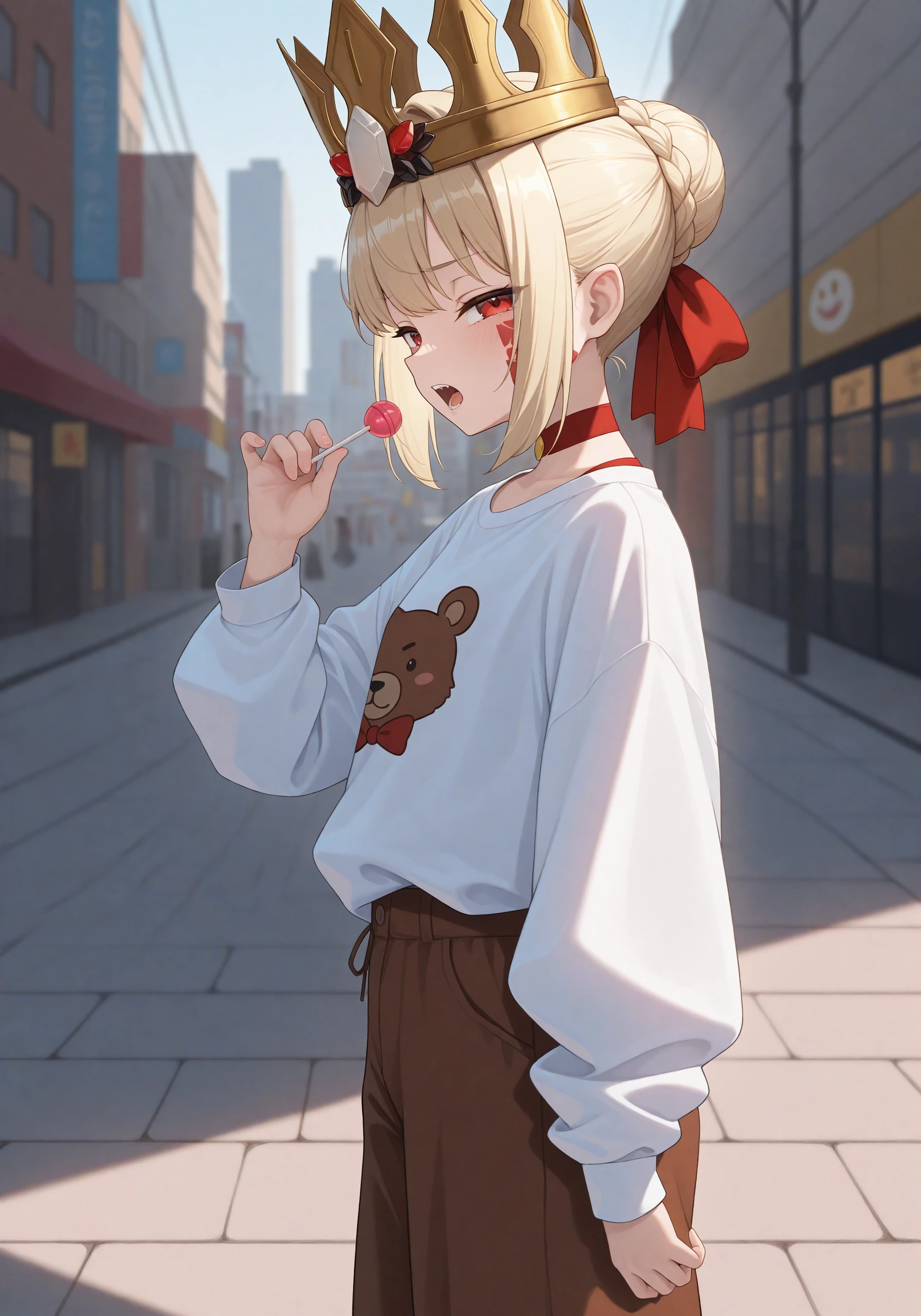 1girl, <lora:draco_v2_sn26:1>, dco_ltl, hair ribbon, choker, crown on head, white shirt, long sleeves, bear drawing, khakis pants, holding lollipop, side view,
squinting, looking at viewer, open mouth,
walkway, outdoors, depth of field, city,
high resolution, ultra-detailed, absurdres, masterpiece, best quality, good quality, newest