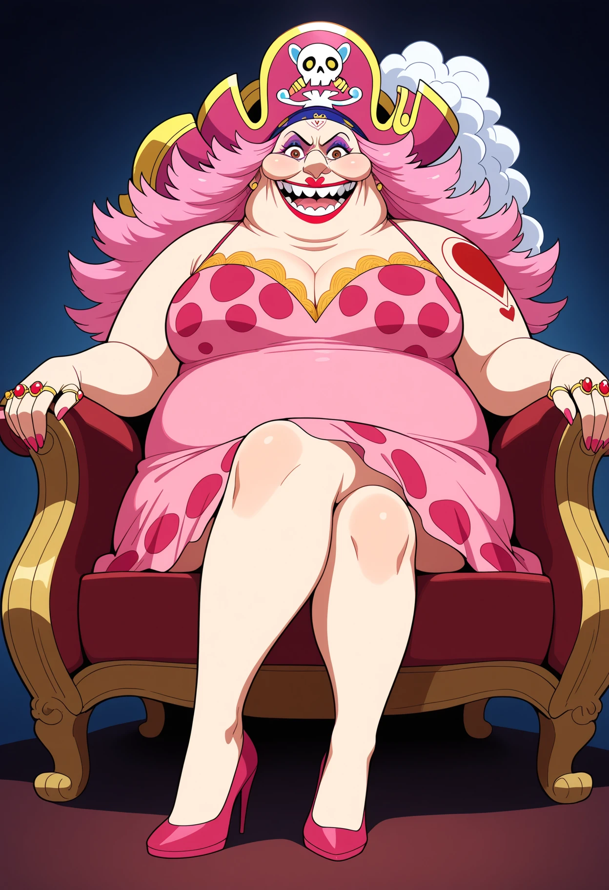 best quality, amazing quality, very aesthetic, absurdres,
1girl, bigmom, pink hair, makeup, long hair, brown eyes,
lipstick, fat,
pirate hat, dress, high heels,
rings, tattoo,
smile, open mouth, teeth,
throne,
sitting on throne, looking at viewer, looking down, front view, (low-angle view,:0.75), solo, <lora:BigMomNoobXL_byKonan:1>