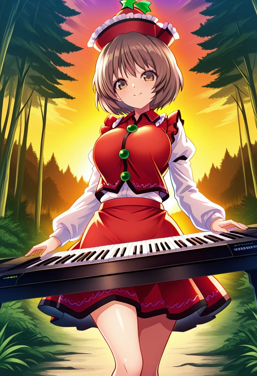 hijikawa style, ((outdoors)), ((forest)), (sunset), looking at viewer, ((large breasts)), (standing), (posing), smile, lyrica prismriver, 1girl, solo, ((brown eyes)), brown hair, short hair, red hat, frilled hat, star hat ornament, red vest, white shirt, long sleeves, red skirt, keyboard (instrument), ((legs))