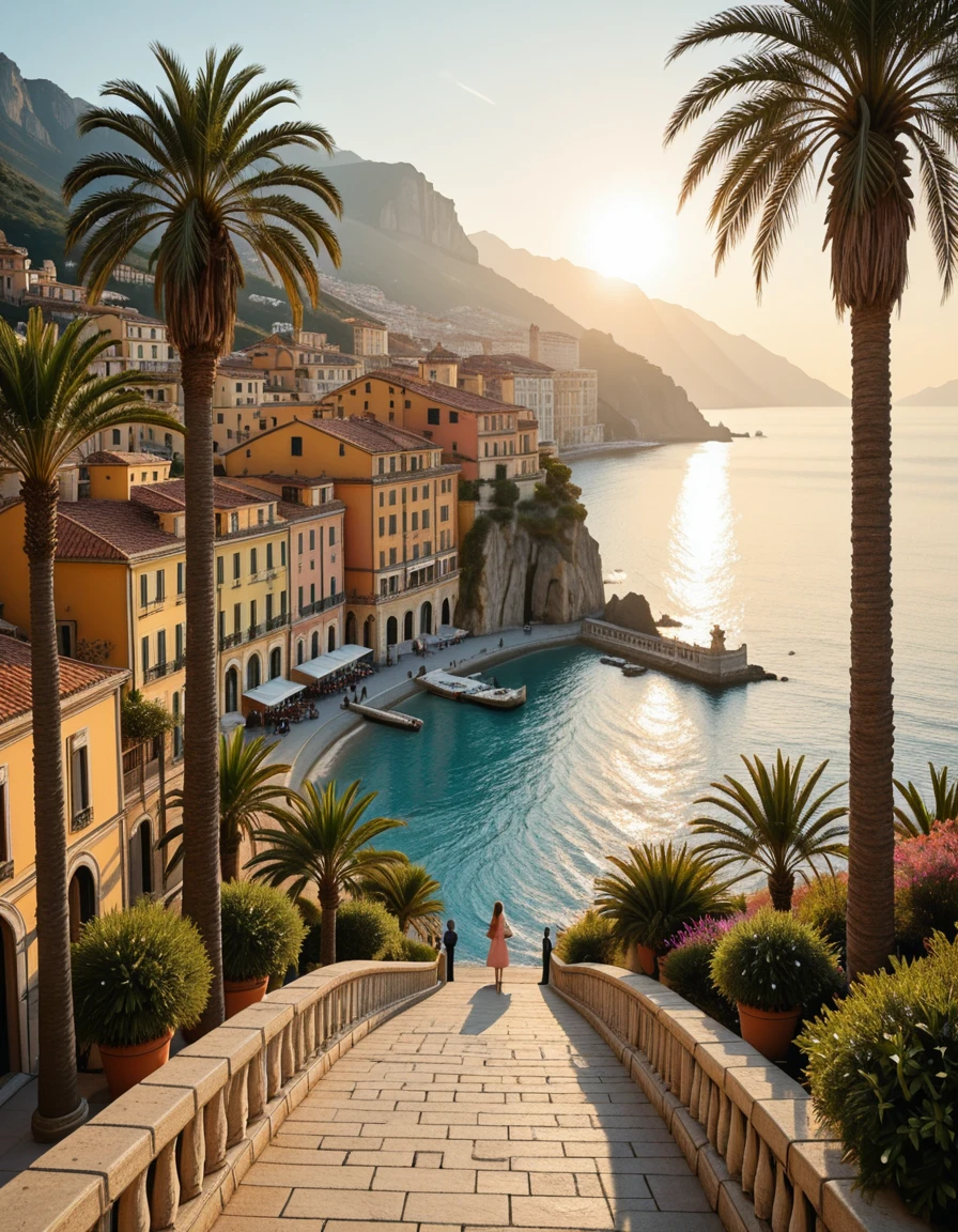 A breathtaking photograph of the coastal city of Menton, France, taken during golden hour. The colorful buildings of the old town cascade down the hillside, painted in warm pastel tones of yellow, orange, and pink. In the foreground, tall palm trees sway gently in the breeze along the Mediterranean promenade. The deep blue sea glistens under the setting sun, and the distant Alps rise in the background, partially shrouded in mist. A peaceful, sunlit atmosphere with no people present, captured in ultra-high detail, HDR, and soft cinematic lighting, evoking the charm and elegance of the French Riviera.M3nt0n, <lora:M3nt0n-i:1>, Masterpiece,best quality,hi res,8k,hi res,8k,award winning,(sharp focus, intricate, highly detailed),