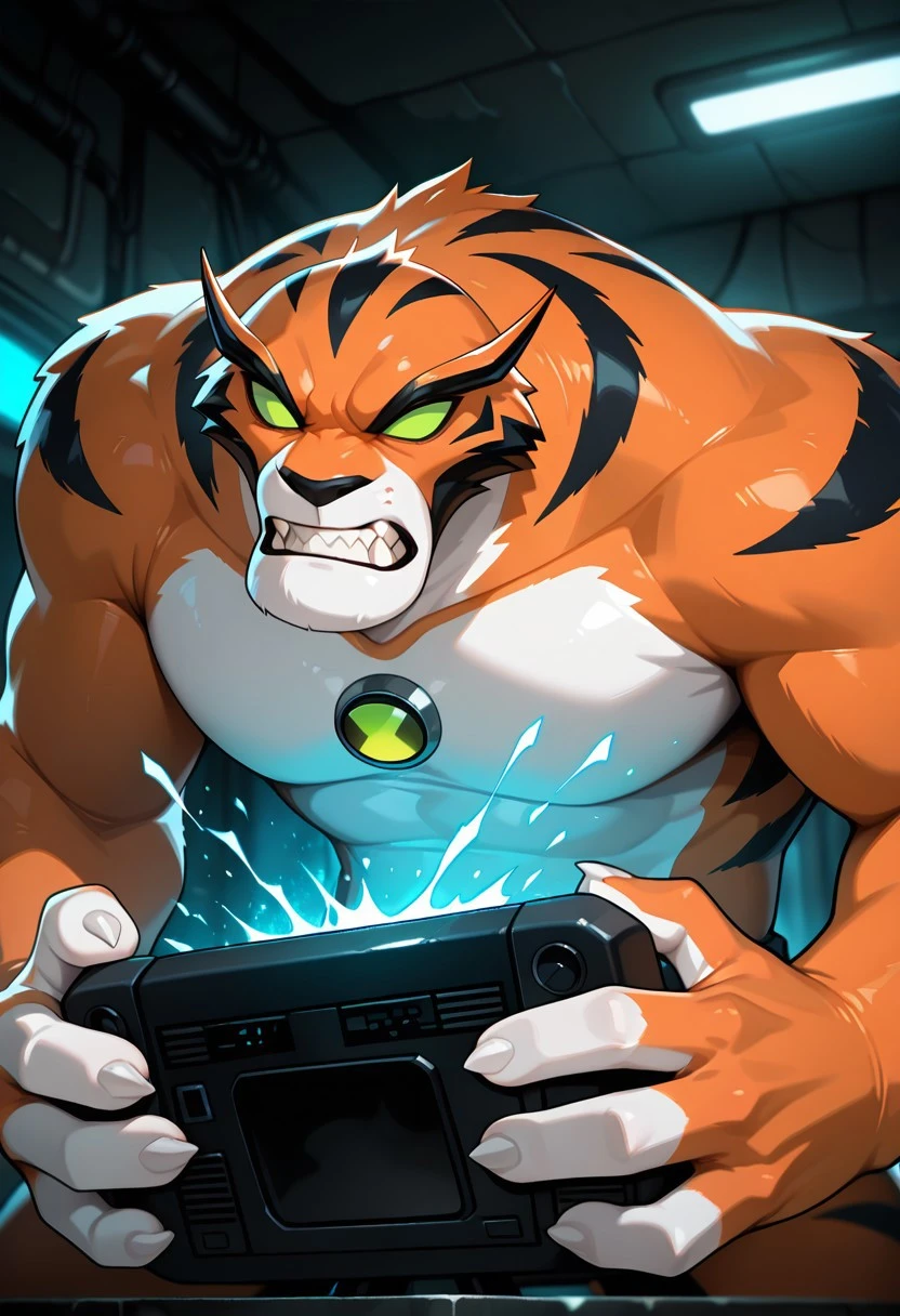 rath, furry, 1boy, green eyes, green sclera, solo, no humans, tiger strips , fangs, orange fur, sharp teeth, big arms, no pupils, big body, black eyebrows, angry,, white fingers,
crushing tv, holding tv, broken tv, angry, growl, clenched teeth,
,((masterpiece, best quality, amazing quality, very aesthetic, absurdres, newest, cinematic,)),