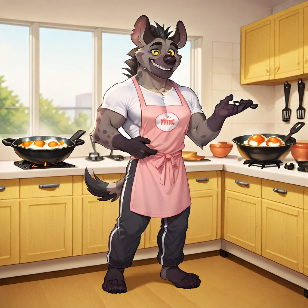 score_9, score_8_up, score_7_up, (best quality), ultra-detailed, high resolution, 8k, masterpiece, best quality, amazing quality, solo, 1boy, male, anthro, Chungu, hyena boy, furry male, bara, big mouth, big nose, yellow sclera, dark grey spotted fur, short tail, athletic, toned arms, strong arms, strong legs, black hands and feet, big pecs, indoors, kitchen, frying eggs on a wok, smiling, (wearing little pink apron), pajama t-shirt, pajama pants, barefoot, nice furry feet, plantigrade