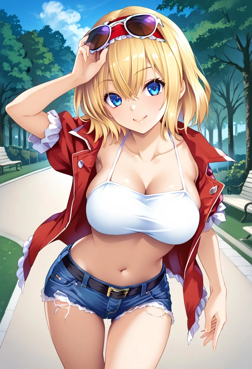 hijikawa style, 1girl, solo, ((looking at viewer)), ((park)), ((day time)), smile, ((alternative costume)), alice margatroid, medium hair, blonde hair, blue eyes, red hairband, frilled hairband, standing, (posing), ((large breasts)), white bandeau, blue jean shorts, denim shorts, black belt, red jacket, ((sunglasses on head)), ((legs))