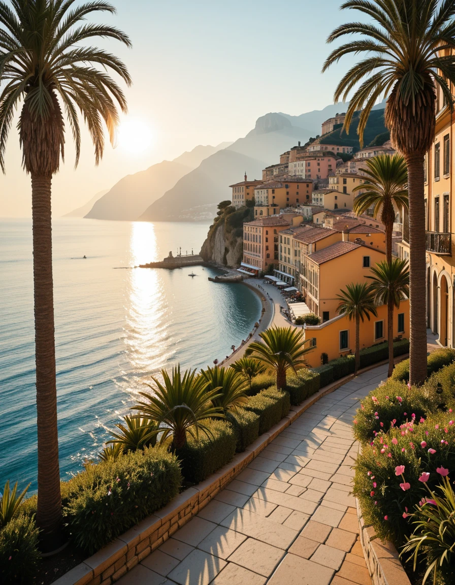 A breathtaking photograph of the coastal city of Menton, France, taken during golden hour. The colorful buildings of the old town cascade down the hillside, painted in warm pastel tones of yellow, orange, and pink. In the foreground, tall palm trees sway gently in the breeze along the Mediterranean promenade. The deep blue sea glistens under the setting sun, and the distant Alps rise in the background, partially shrouded in mist. A peaceful, sunlit atmosphere with no people present, captured in ultra-high detail, HDR, and soft cinematic lighting, evoking the charm and elegance of the French Riviera.M3nt0n, <lora:M3nt0n-i:1>, Masterpiece,best quality,hi res,8k,hi res,8k,award winning,(sharp focus, intricate, highly detailed),