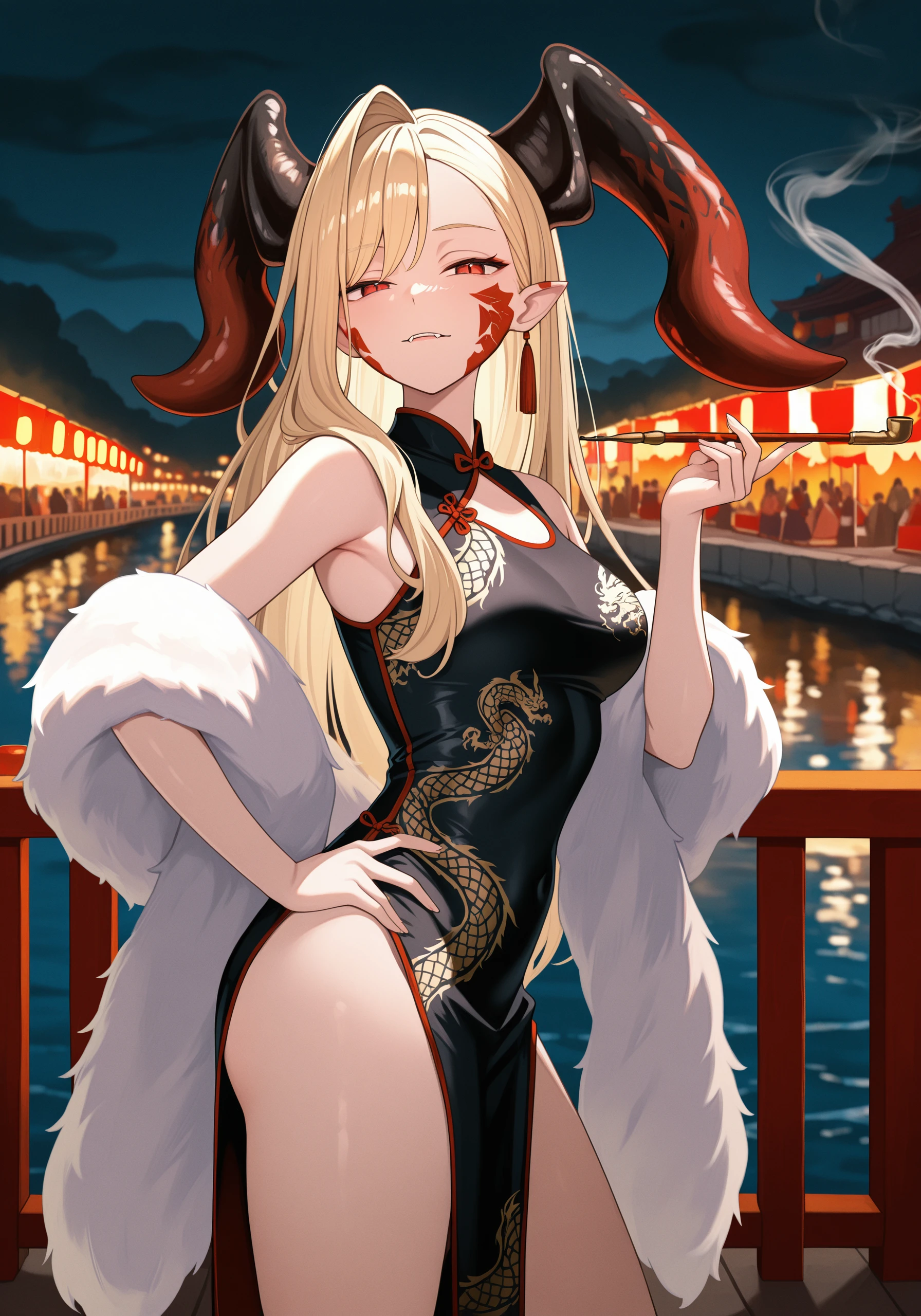 1girl, <lora:draco_v2_sn26:1>, qndco, horns, black china dress, black dress, sleeveless, white fur shawl, smoking pipe, side view, hand on hip, squinting,
looking at viewer, cowboy shot, smoke, facing viewer,
festival, nighttime, river,
high resolution, ultra-detailed, absurdres, masterpiece, best quality, good quality, newest