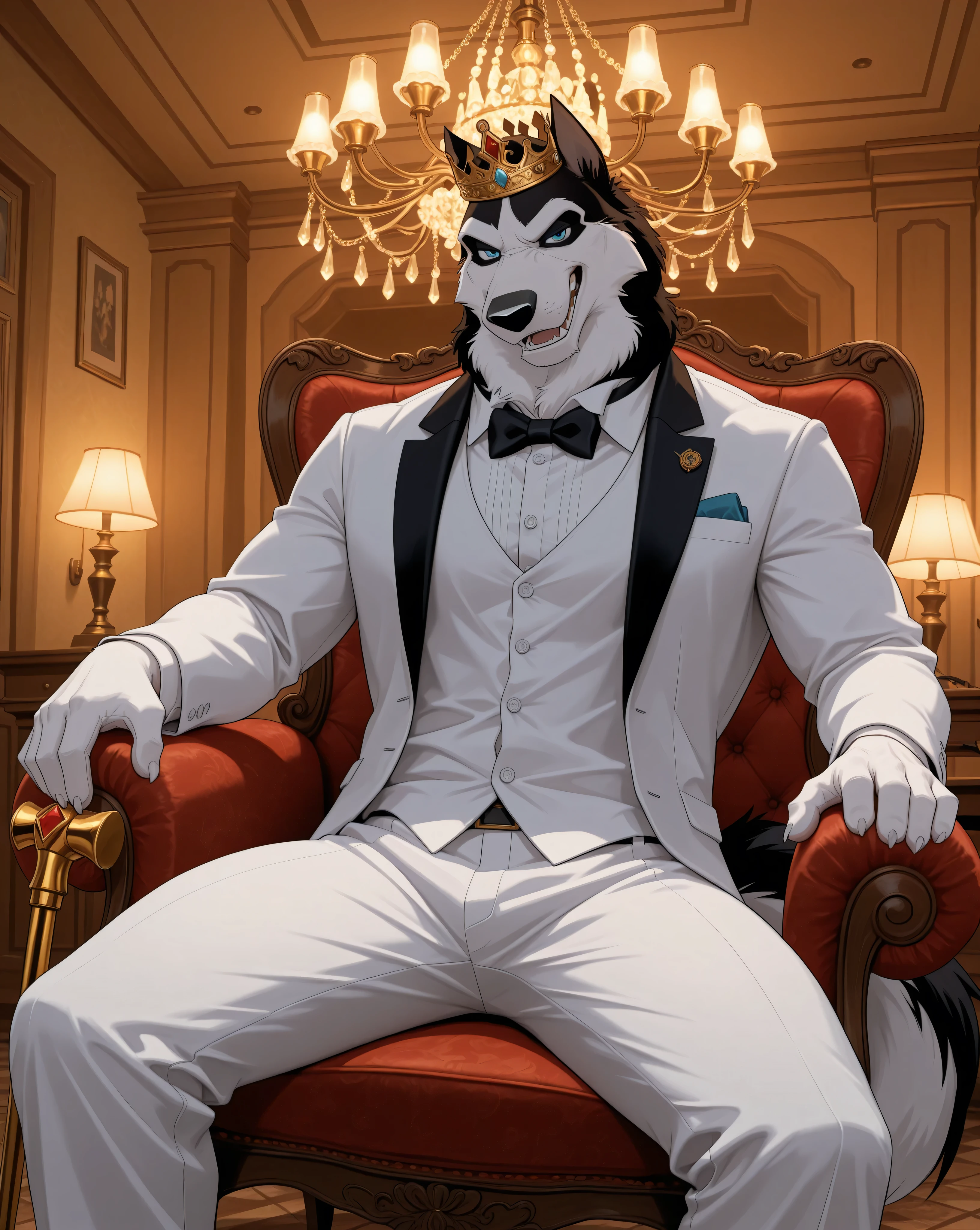 detailed background, detailed fur, cowboy shot, dynamic pose, dynamic angle, solo, 1boy, adult, Steeleb0lto, alaskan malamute, back suit jacket, white dress shirt, black bow tie, sitting in luxurious chair, crown on head, gold cane, anthropomorphic, daddy body, mature, bara, (( face)), looking at viewer, ((very expressive)), seducing viewer, muscular, gangster aura, opulent modern living room, surrounded by luxurious details: floor-to-ceiling windows overlooking a city skyline at sunset, a crystal chandelier casting warm light, a marble fireplace with a gilded mirror above it, a low table with a crystal decanter, majestic aura, dramatic chiaroscuro lighting from the window and chandelier highlighting his fur texture and suit details, detailed scenery, masterpiece, best quality, very aesthetic, newest, masterpiece, best quality, amazing quality, very aesthetic, absurdres, newest, high res, ultra detailed, best quality, best artwork, detailed eyes, (eyes focus), blue eyes, perfect eyes, big iris, pupils visible, 4k, ultra quality, perfect face, absurdres,masterpiece,best quality,amazing
