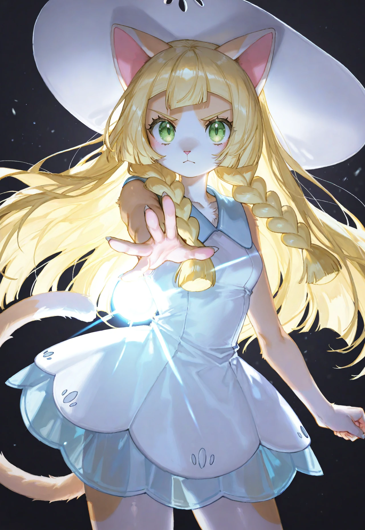 artist:quasarcake:0.65, artist:kedama milk:0.5,
1girl, solo, (furry female, two-tone fur, blonde fur, white fur,) cat ears, cat tail, snout, lillie \(pokemon\), looking at viewer, portrait, very eyecatching, cowboy shot, dynamic pose:0.25, dark background, high contrast,
(very awa, very aesthetic, masterpiece, best quality, highres, absurdes,)