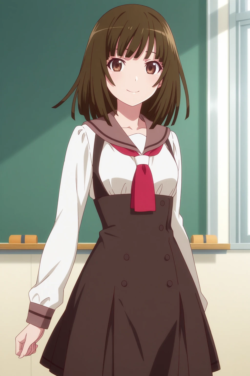 masterpiece, best quality,
1girl, kaorimisaka, brown hair, hair intakes, long hair, blue eyes, capelet, bow, school uniform, long sleeves, skirt, thighhighs,
arms behind back, smile, full body, standing, solo, looking at viewer, indoors, classroom background <lora:KaoriMisaka:1>