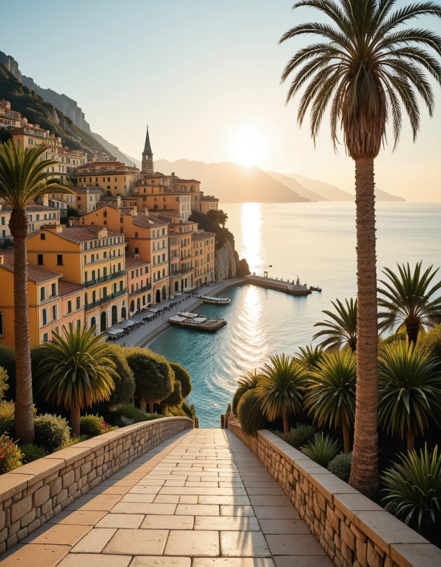 A breathtaking photograph of the coastal city of Menton, France, taken during golden hour. The colorful buildings of the old town cascade down the hillside, painted in warm pastel tones of yellow, orange, and pink. In the foreground, tall palm trees sway gently in the breeze along the Mediterranean promenade. The deep blue sea glistens under the setting sun, and the distant Alps rise in the background, partially shrouded in mist. A peaceful, sunlit atmosphere with no people present, captured in ultra-high detail, HDR, and soft cinematic lighting, evoking the charm and elegance of the French Riviera.M3nt0n, <lora:M3nt0n-i:1>, Masterpiece,best quality,hi res,8k,hi res,8k,award winning,(sharp focus, intricate, highly detailed),