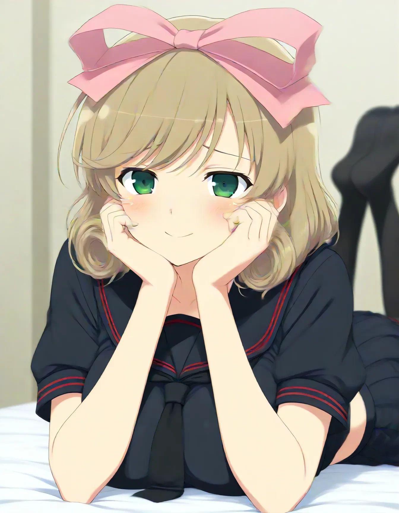 1girl,<lora:dmd2-lighting8step_cfg1.5:1>,official style,masterpiece,best quality,newest,very aesthetic,highly detailed,high resolution,absurdres,highres,depth of field,super detailed skin,very awa,Anime,anime coloring,anime screencap,<lora:SK Haruka_(Senran_Kagura)_V1:1>,haruka \(senran kagura\),solo,light brown hair,short hair,drill hair,hair ribbon,green eyes,large breasts,school uniform,black sailor collar,black tie,black serafuku,black shirt,black skirt,pleated skirt,crop top,short sleeves,black legwear,smile,embarrass,shy,blush,posing,on stomach,