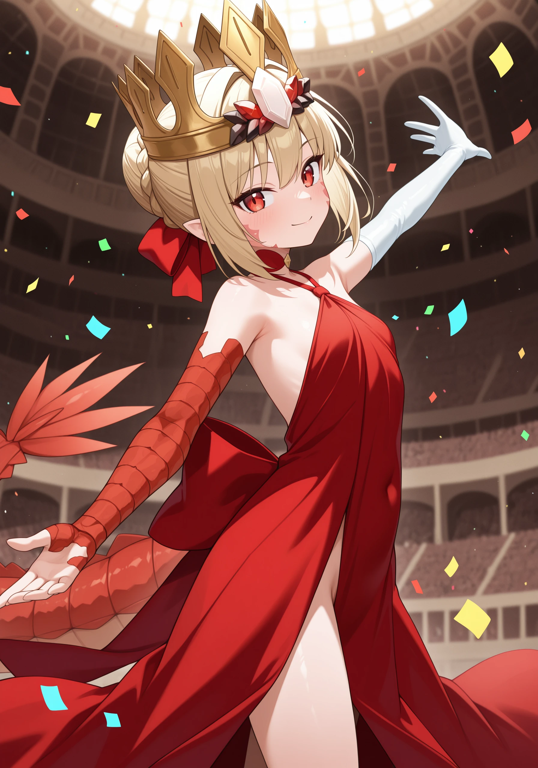 1girl, <lora:draco_v2_sn26:1>, dco_ltl, choker, hair ribbon, red dress, red arm wrap, single elbow glove, red back bow, dragon tail, crown on head, looking at viewer, bare legs, smile,
indoors, standing, colosseum background, looking at viewer, head tilt, depth of field, confetti, upper body, extending arm, side view,
high resolution, ultra-detailed, absurdres, masterpiece, best quality, good quality, newest