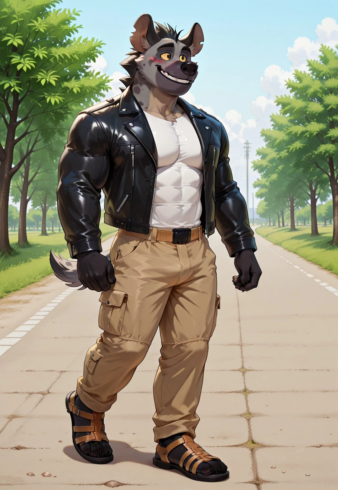 score_9, score_8_up, score_7_up, (best quality), ultra-detailed, high resolution, 8k, masterpiece, best quality, amazing quality, solo, 1boy, male, anthro, Chungu, hyena boy, furry male, bara, big mouth, big black nose, yellow sclera, dark grey spotted fur, short tail, athletic, toned arms, strong arms, strong legs, black hands, black feet, walking in the park, smiling, leather jacket, cargo pants, fency leather sandals, nice furry feet, plantigrade, greeksandals, brown sandals, looking aside, shy, blush