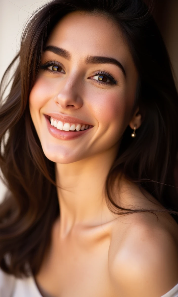 Professional studio headshot portrait photo of a beautiful fair woman paty with long, voluminous, hair with a subtle sense of motion and big round boobs. she is positioned against a solid background. She has a radiant, confident, and engaging smile. The woman is wearing a loose, off-the-shoulder top. The diffuce lighting highlights the woman's features and creates a warm, slightly soft glow. The background contrasts sharply with her skin and clothing, emphasizing her appearance. Captured with a high-end DSLR camera and a classic 85mm f/1.4 portrait lens. Set the aperture to f/2.8 for a shallow depth of field, ensuring her face is tack-sharp while the background is smoothly out of focus. The composition is a classic, tight headshot, focusing on her expressive face. Photorealistic, highly detailed, impeccable skin texture. no make up