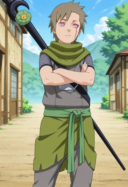 masterpiece, high quality, best quality, amazing quality, very aesthetic, absurdres, ultra-detailed, extremely detailed, anime screencap, official style, anime coloring, (male focus, male only), day, depth of field, JackDraws, 1boy, solo, male focus, cute boy, Yagura, Pink Eyes, Brown Hair, Scar under eye, Scarf, Grey Sleeveless vest, short sleeve fishnet shirt, green sash belt, Green half skirt, grey pants, staff on back, black staff, hooked staff, arms crossed, masterpiece, best quality, amazing quality, very aesthetic, absurdres, newest, very awa, , cute boy, lean, athletic, runner build,